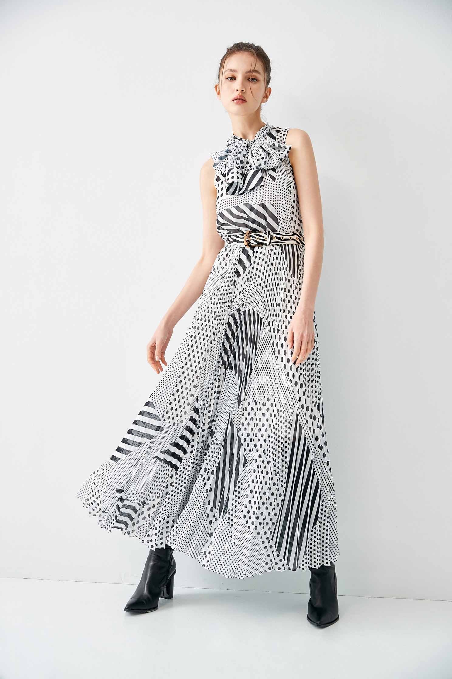 Contrast Dotted With Stripe Printed DressBlack and white dot chiffon long dress,Dresses,Under shirts,Printed dresses,Chiffon dresses,Season (SS) Look,mothergift,dotcollection,White dresses,iROO LIVE,sleeveless tops,Cutwork details dresses,dresses,Long sleeve dresses,Chiffon,Chiffon dresses