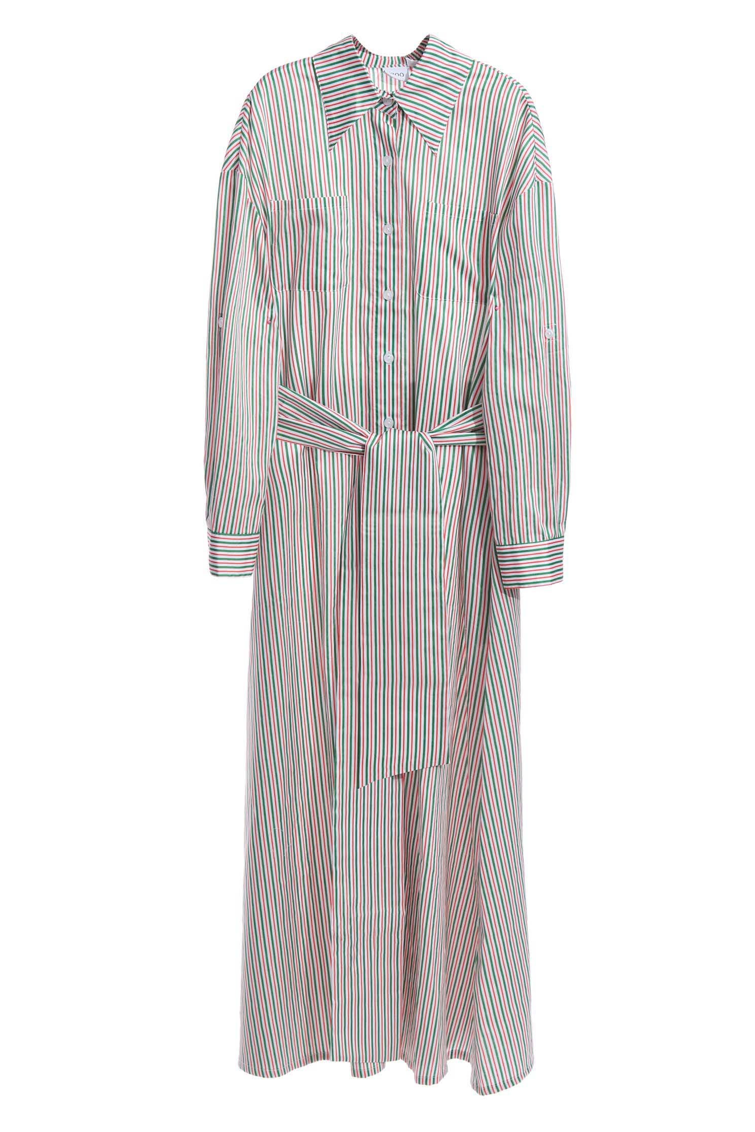 Red & Green Pinstripe Shirt DressColored striped shirt long dress,Dresses,Queen,Season (SS) Look,Stripe,iROO LIVE,Belts,Blouses,Maxi dresses,Long shirts,Long sleeve dresses