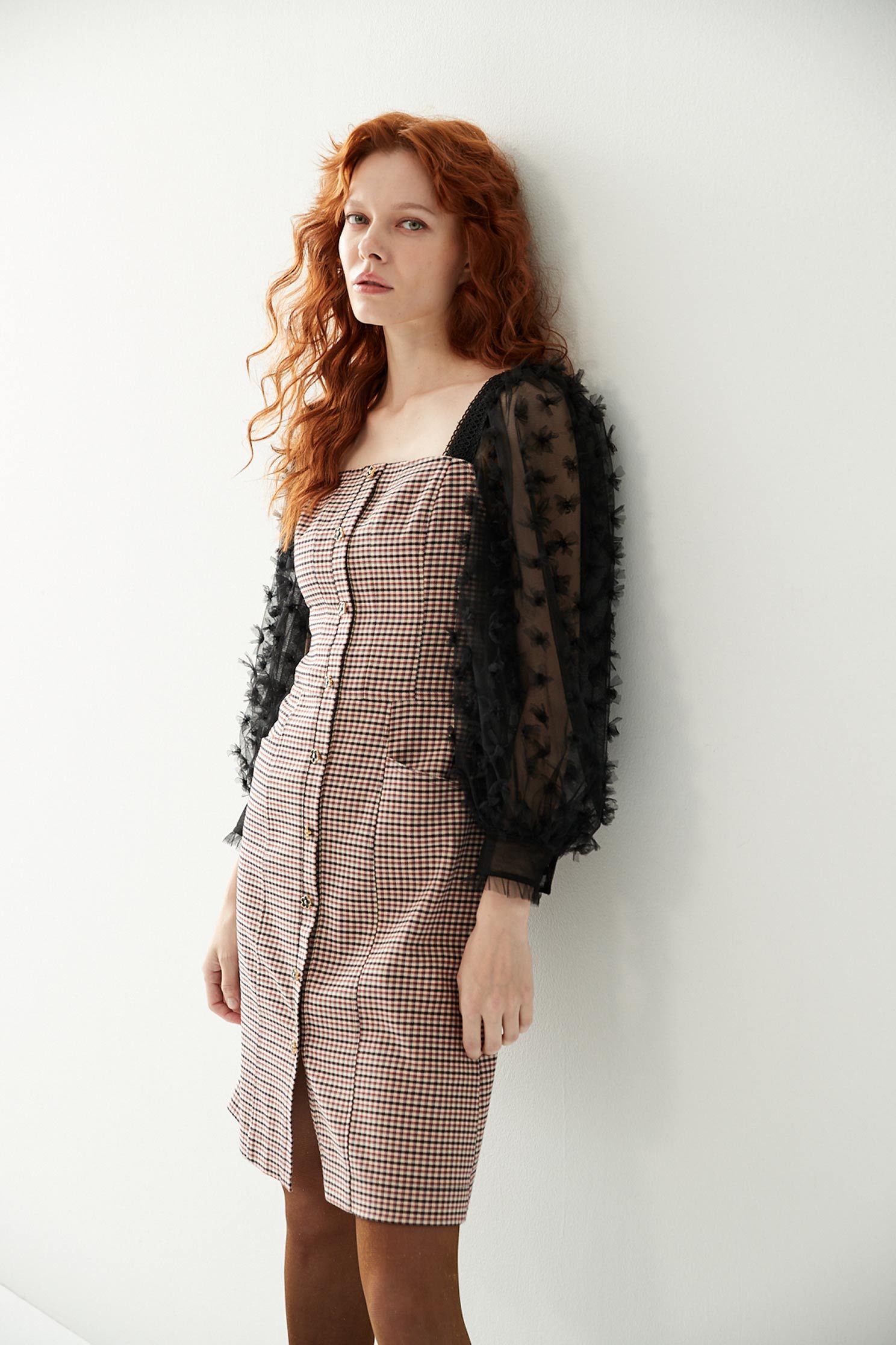 Checkered Print Dress With Mesh SleeveDress with tulle sleeves,Dresses,Plaid,Season (AW) Look,Valentine,Mesh fabric