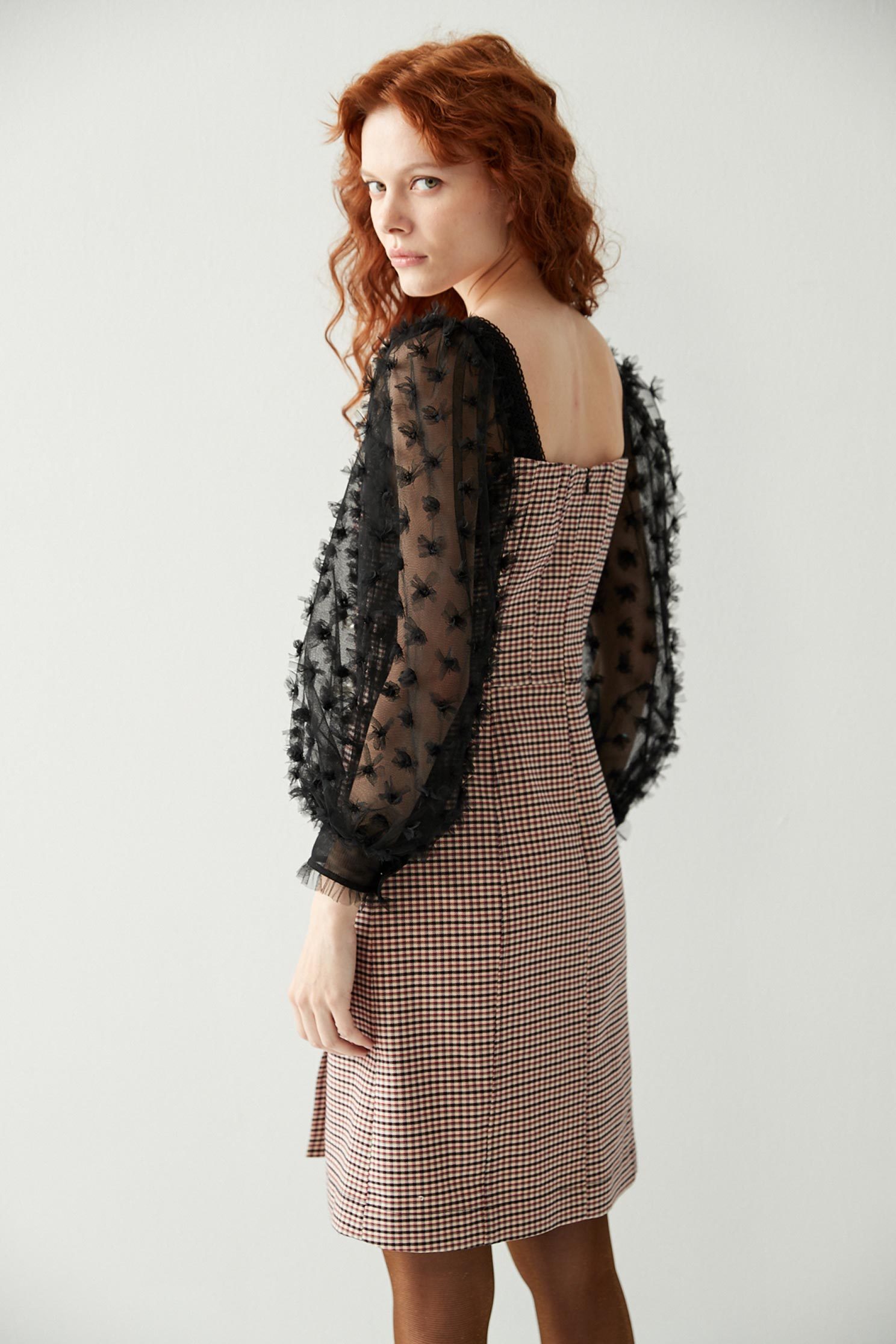 Checkered Print Dress With Mesh SleeveDress with tulle sleeves,Dresses,Plaid,Season (AW) Look,Valentine,Mesh fabric