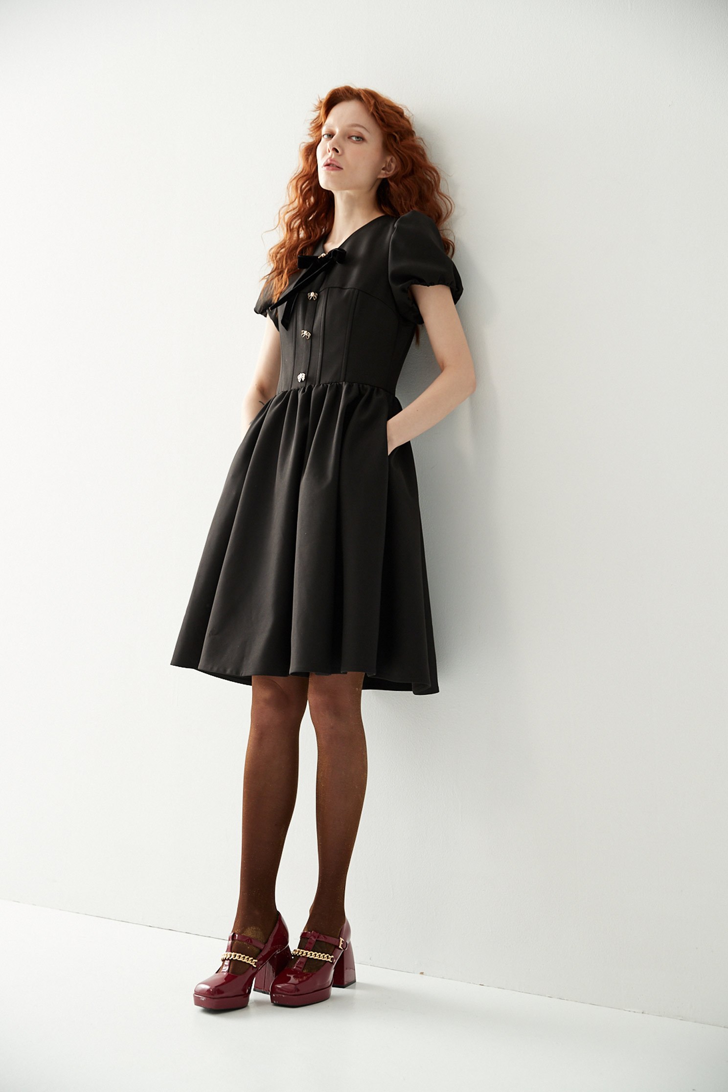 Short Sleeves V-Neck DressDress with metal butterfly button,V-neck dresses,Dresses,Season (AW) Look,Valentine,bows,Maxi dresses