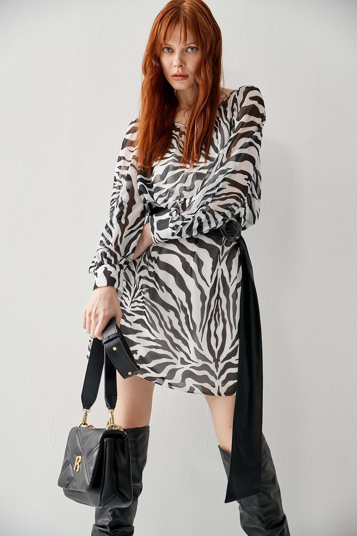 Zebra Print Chiffon DressChiffon dress with zebra print,Under shirts,Chiffon dresses,Season (AW) Look,Thin straps,Belts,Long sleeve dresses,Chiffon,Chiffon dresses