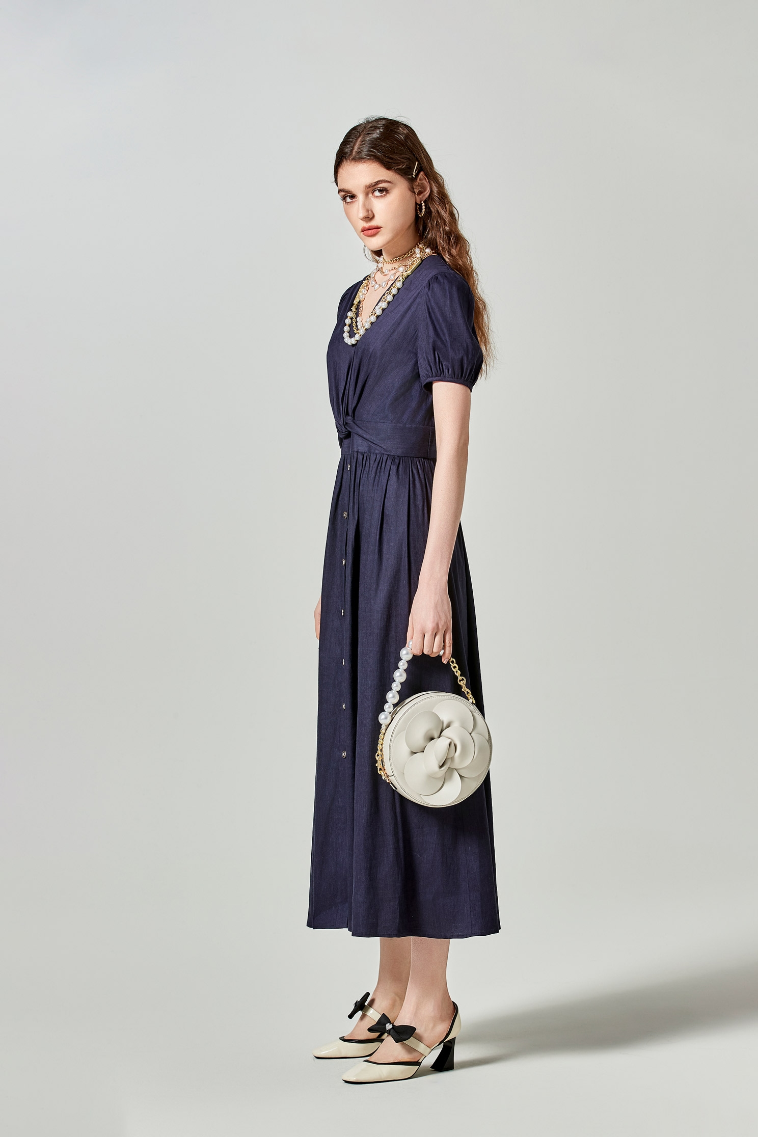 V-neckline Short Sleeve Navy DressV-neckline Short Sleeve Navy Dress,Dresses,Season (SS) Look