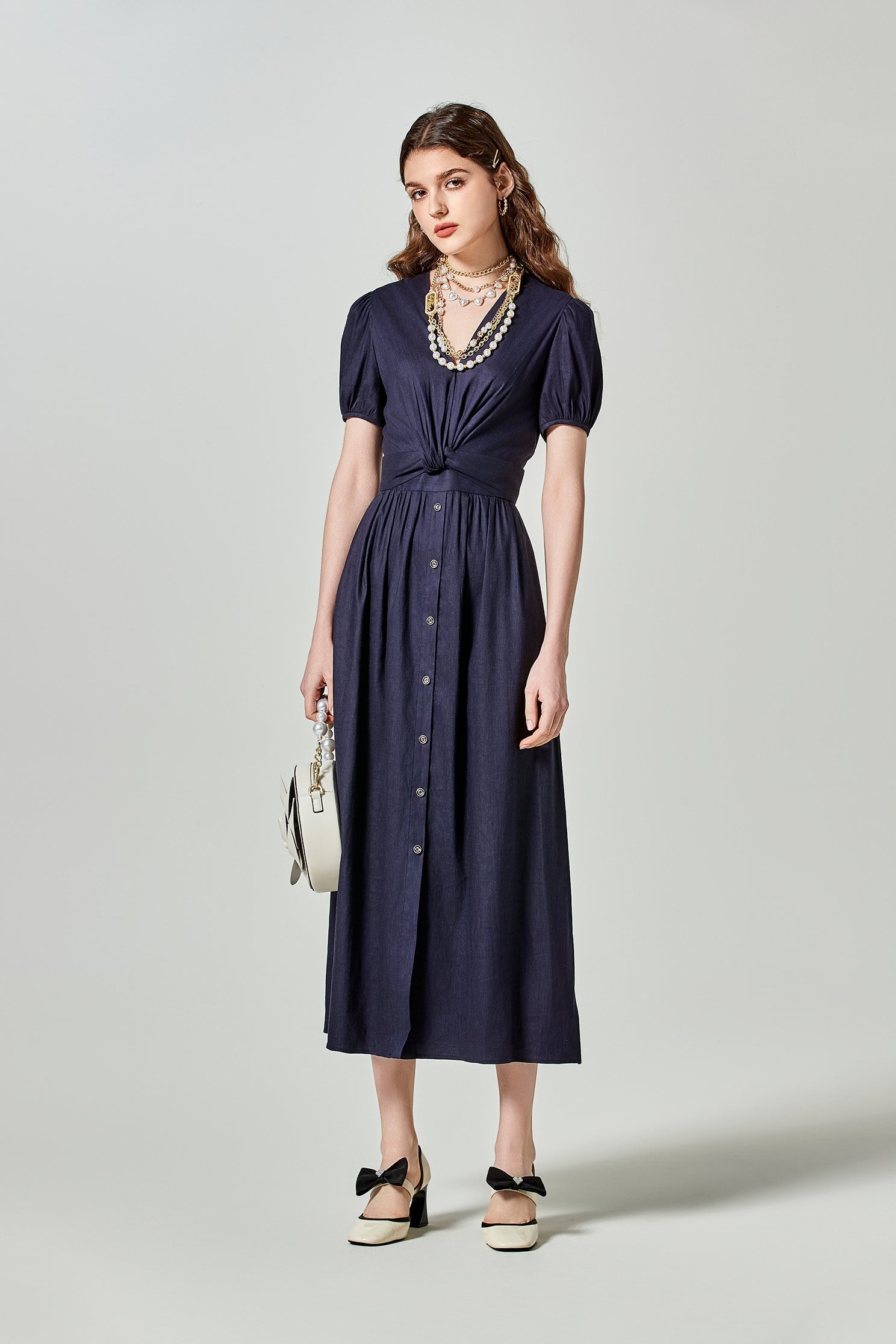 V-neckline Short Sleeve Navy DressV-neckline Short Sleeve Navy Dress,Dresses,Season (SS) Look