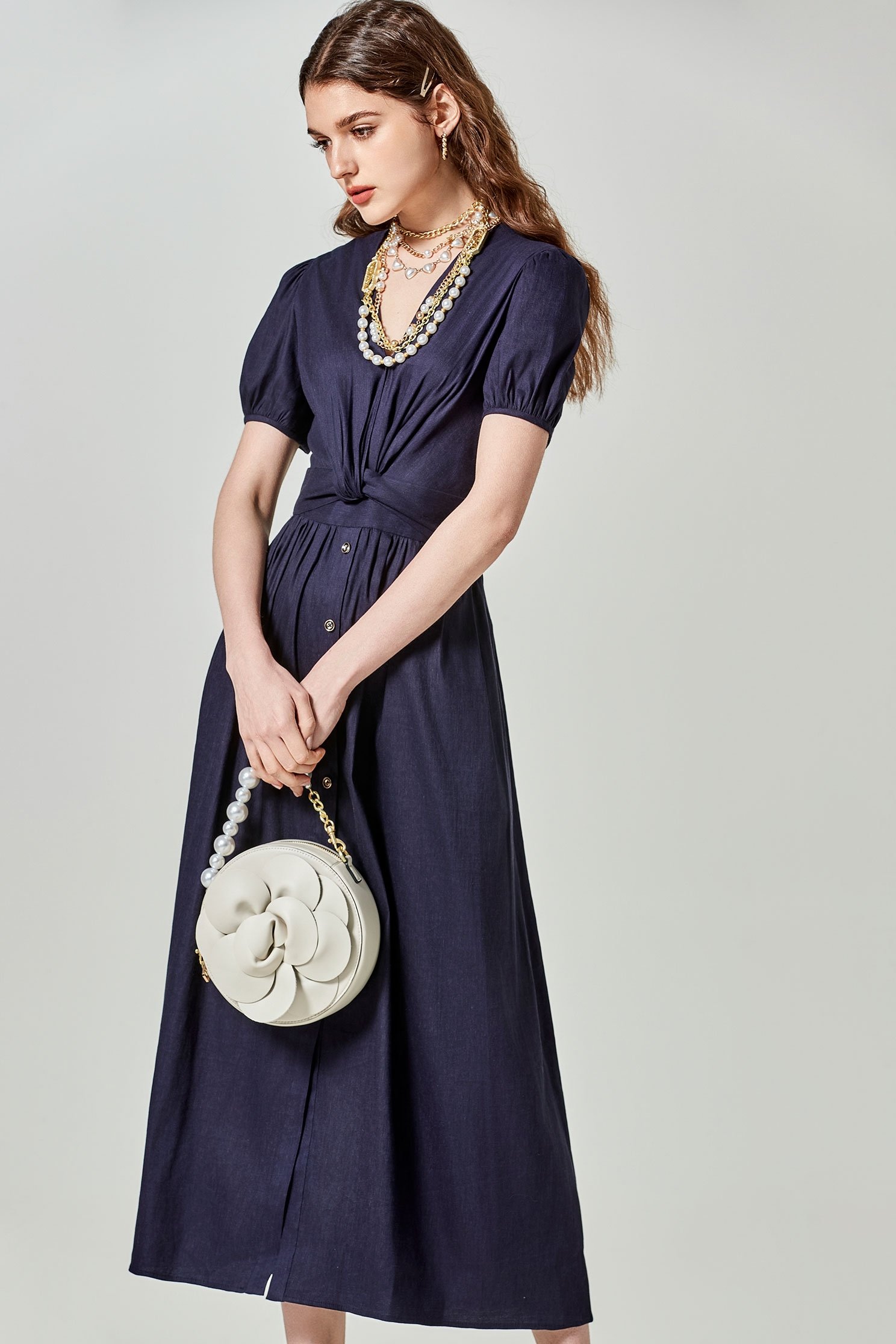 V-neckline Short Sleeve Navy DressV-neckline Short Sleeve Navy Dress,Dresses,Season (SS) Look