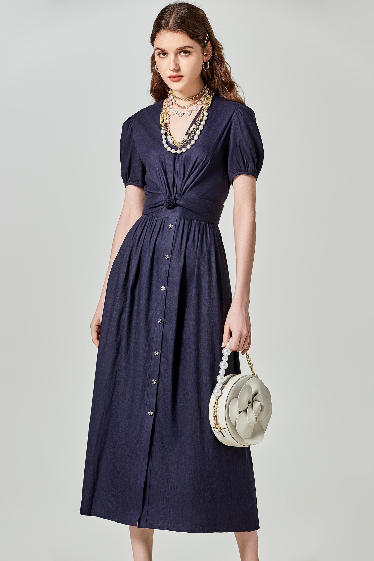 V-neckline Short Sleeve Navy DressV-neckline Short Sleeve Navy Dress,Dresses,Season (SS) Look