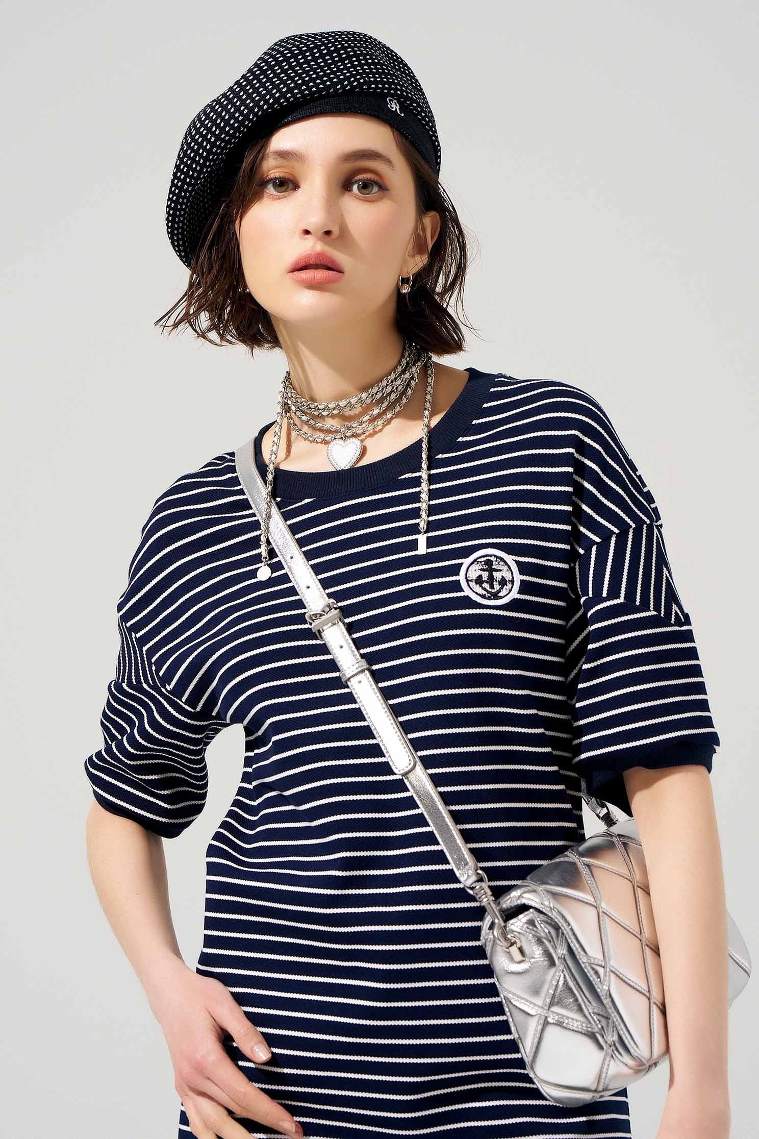 Short Sleeve Navy Stripe DressShort Sleeve Navy Stripe Dress,Dresses,Season (SS) Look,Stripe,Embroidered,Knitted