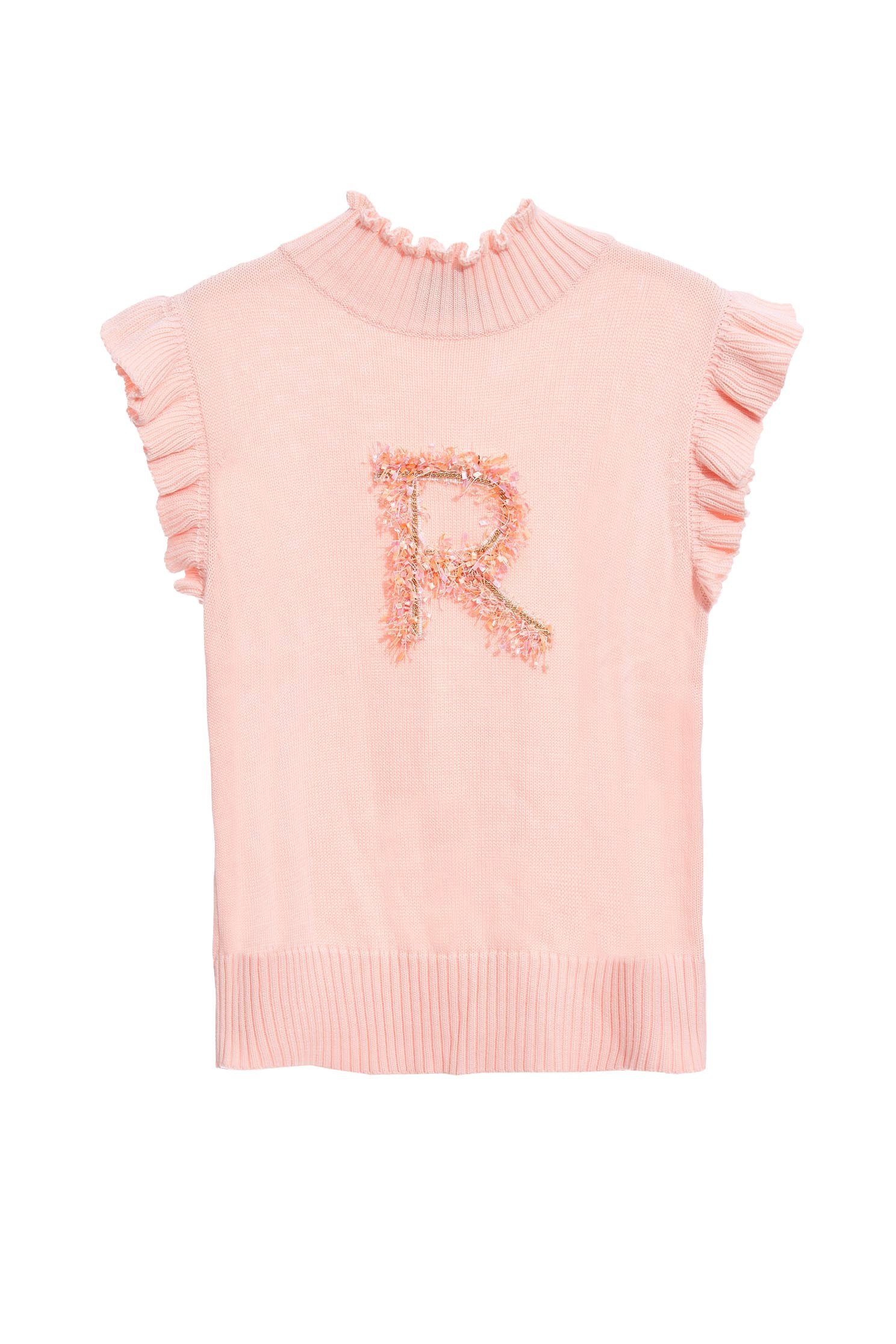 Pink Turtle Neck Knit Vest With R Logoknitted top with letter,sleeveless tops,Tops,healing colors,Season (AW) Look,Pink,Knitted,Knitted tops