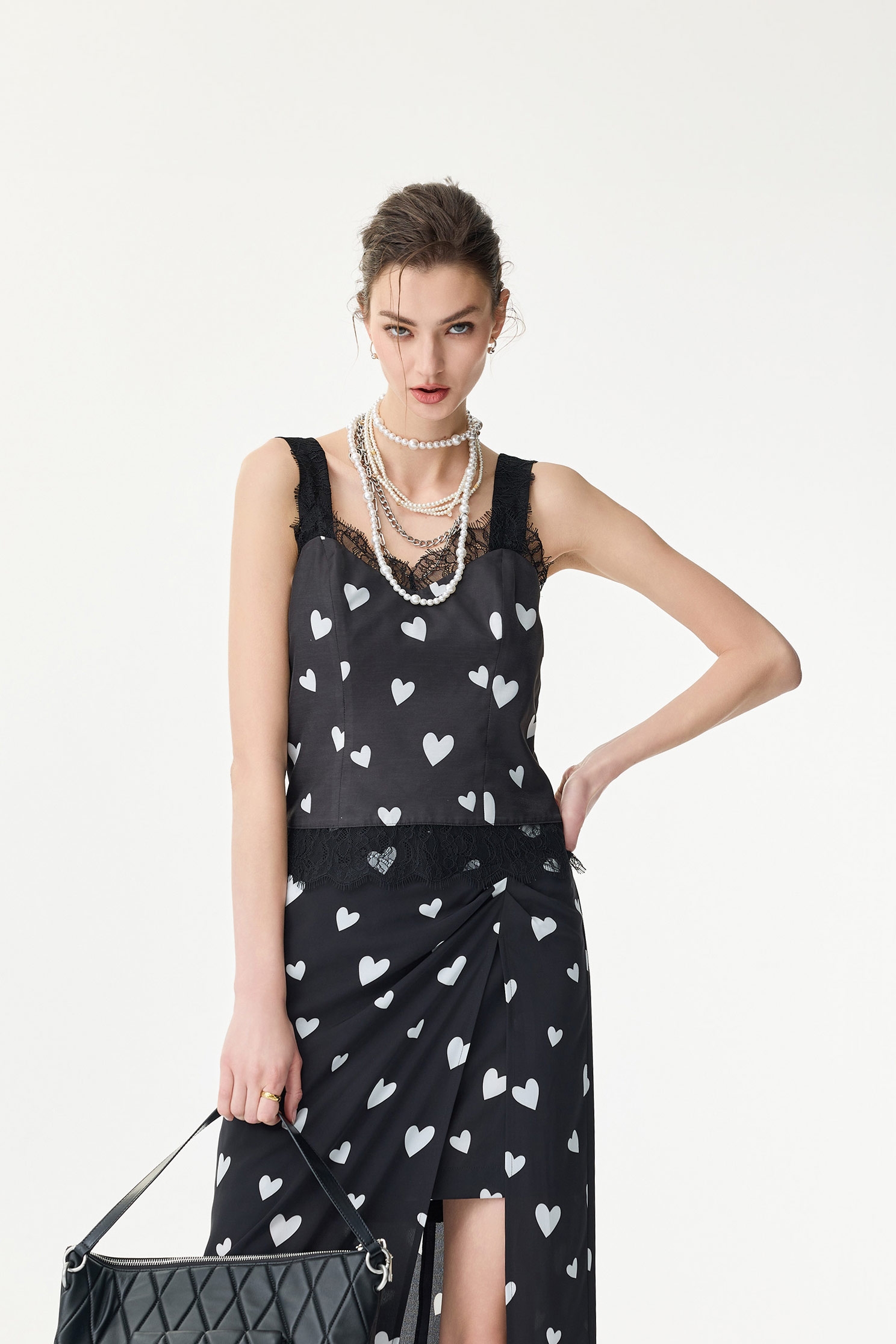 Heart Print Tank Top With Lace DetailHeart Print Tank Top With Lace Detail,sleeveless tops,Season (SS) Look,sleeveless tops,Lace