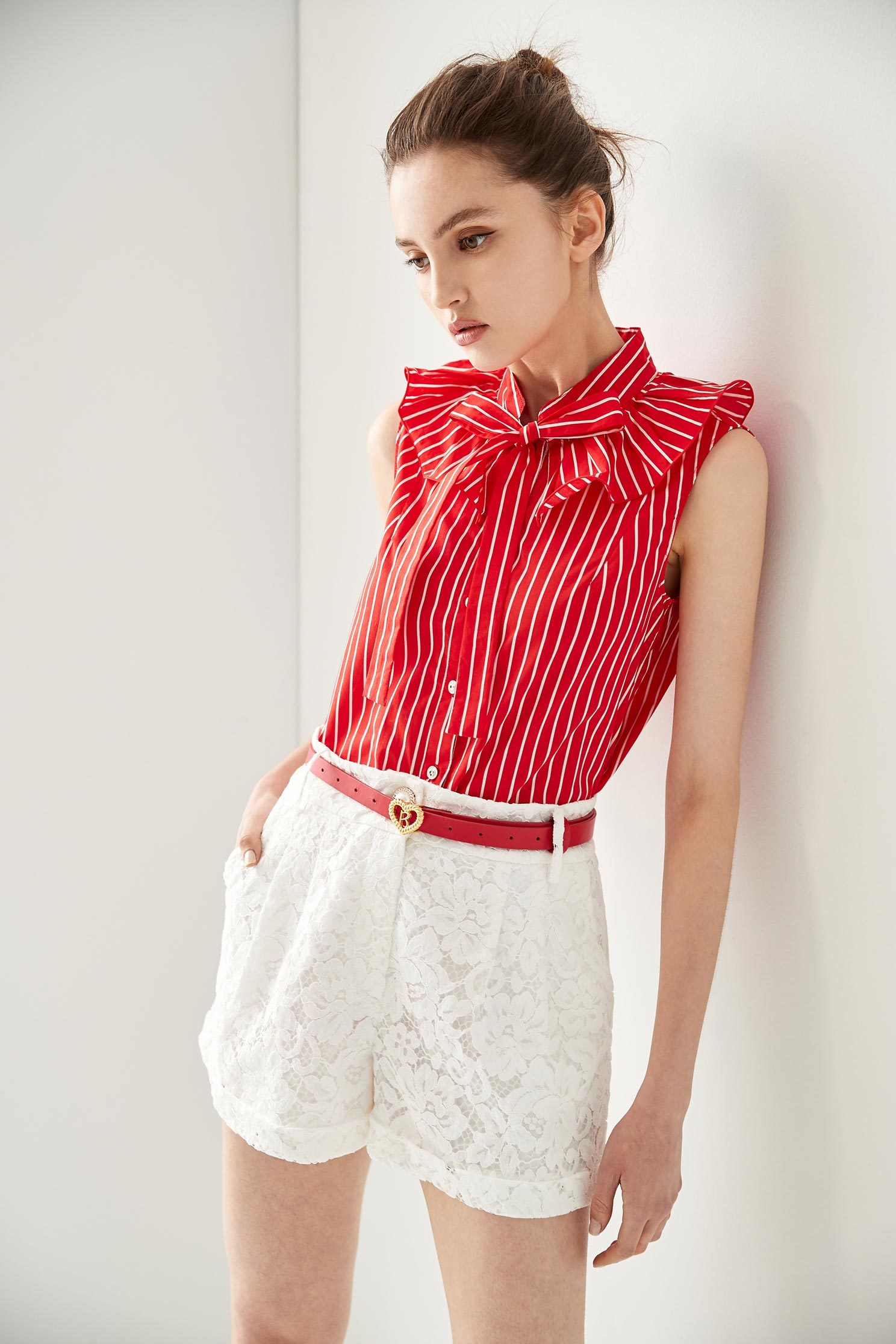 Red With White Stripe Ribbon Collar VestElegant shirt-style vest with ruffled collar,sleeveless tops,Season (SS) Look,Stripe,coolsummer,Trends,sleeveless tops,Blouses