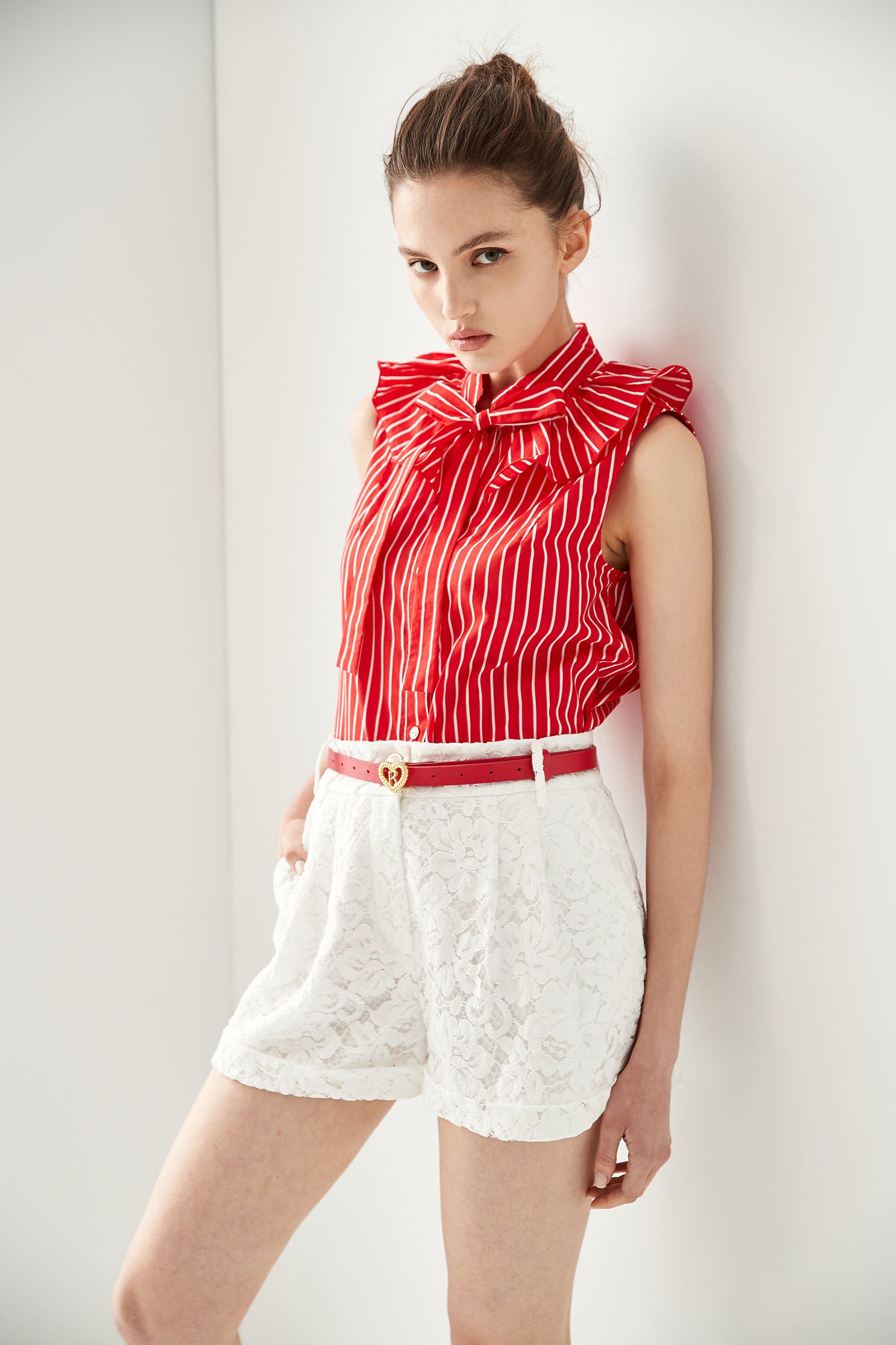 Red With White Stripe Ribbon Collar VestElegant shirt-style vest with ruffled collar,sleeveless tops,Season (SS) Look,Stripe,coolsummer,Trends,sleeveless tops,Blouses