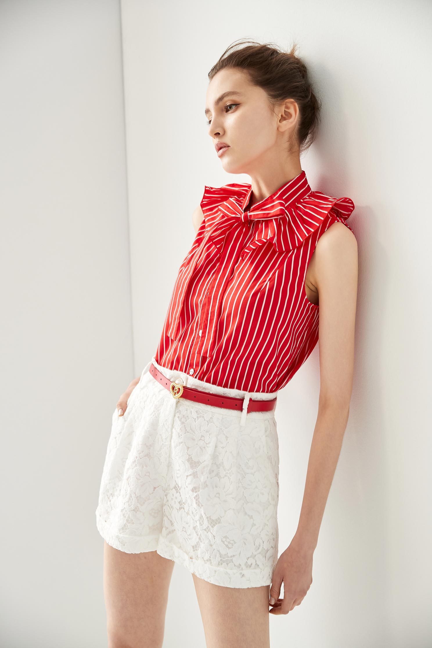 Red With White Stripe Ribbon Collar VestElegant shirt-style vest with ruffled collar,sleeveless tops,Season (SS) Look,Stripe,coolsummer,Trends,sleeveless tops,Blouses