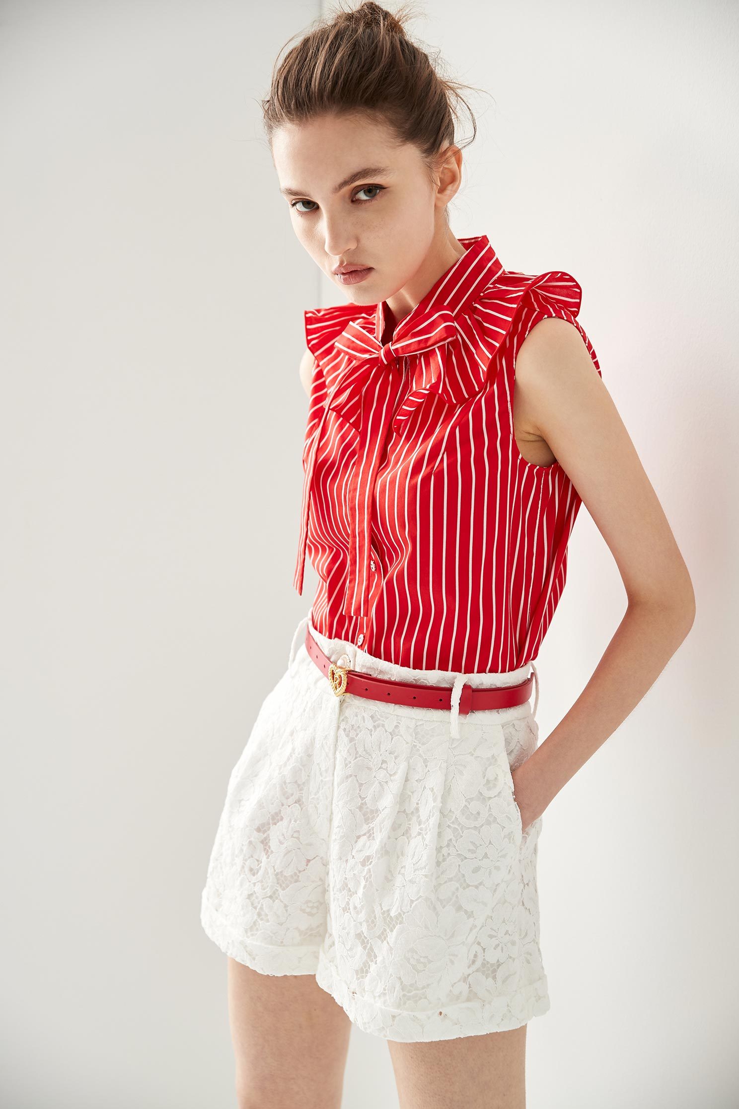 Red With White Stripe Ribbon Collar VestElegant shirt-style vest with ruffled collar,sleeveless tops,Season (SS) Look,Stripe,coolsummer,Trends,sleeveless tops,Blouses