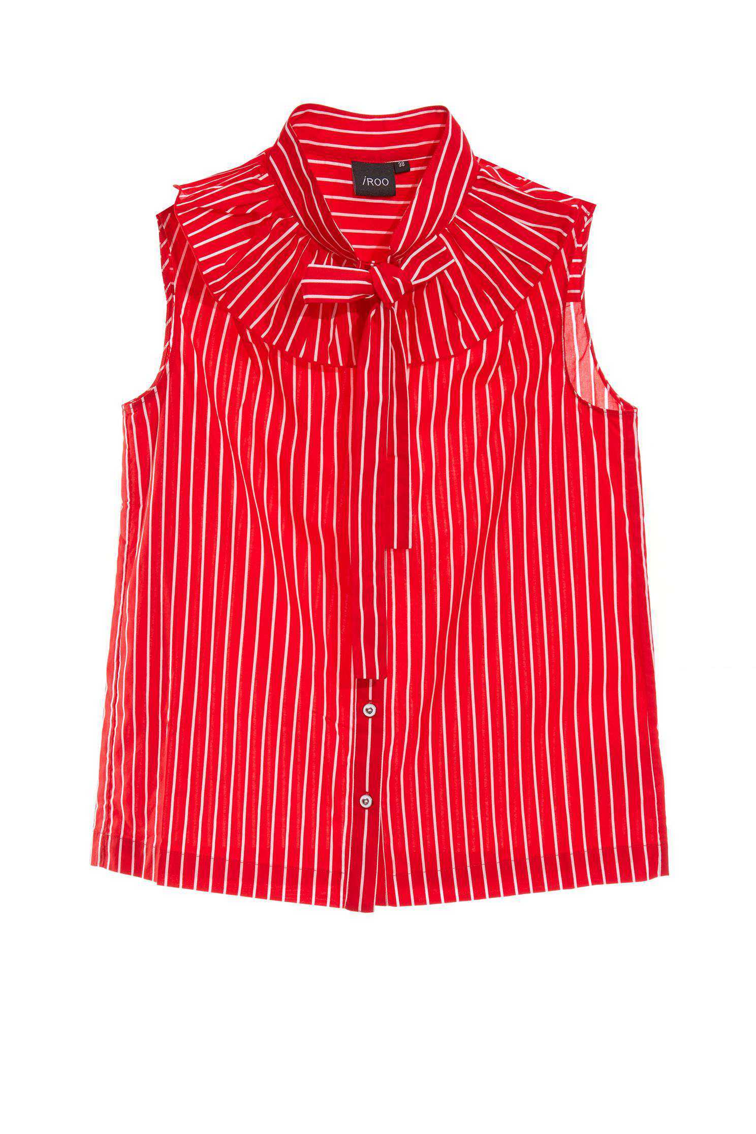 Red With White Stripe Ribbon Collar VestElegant shirt-style vest with ruffled collar,sleeveless tops,Season (SS) Look,Stripe,coolsummer,Trends,sleeveless tops,Blouses