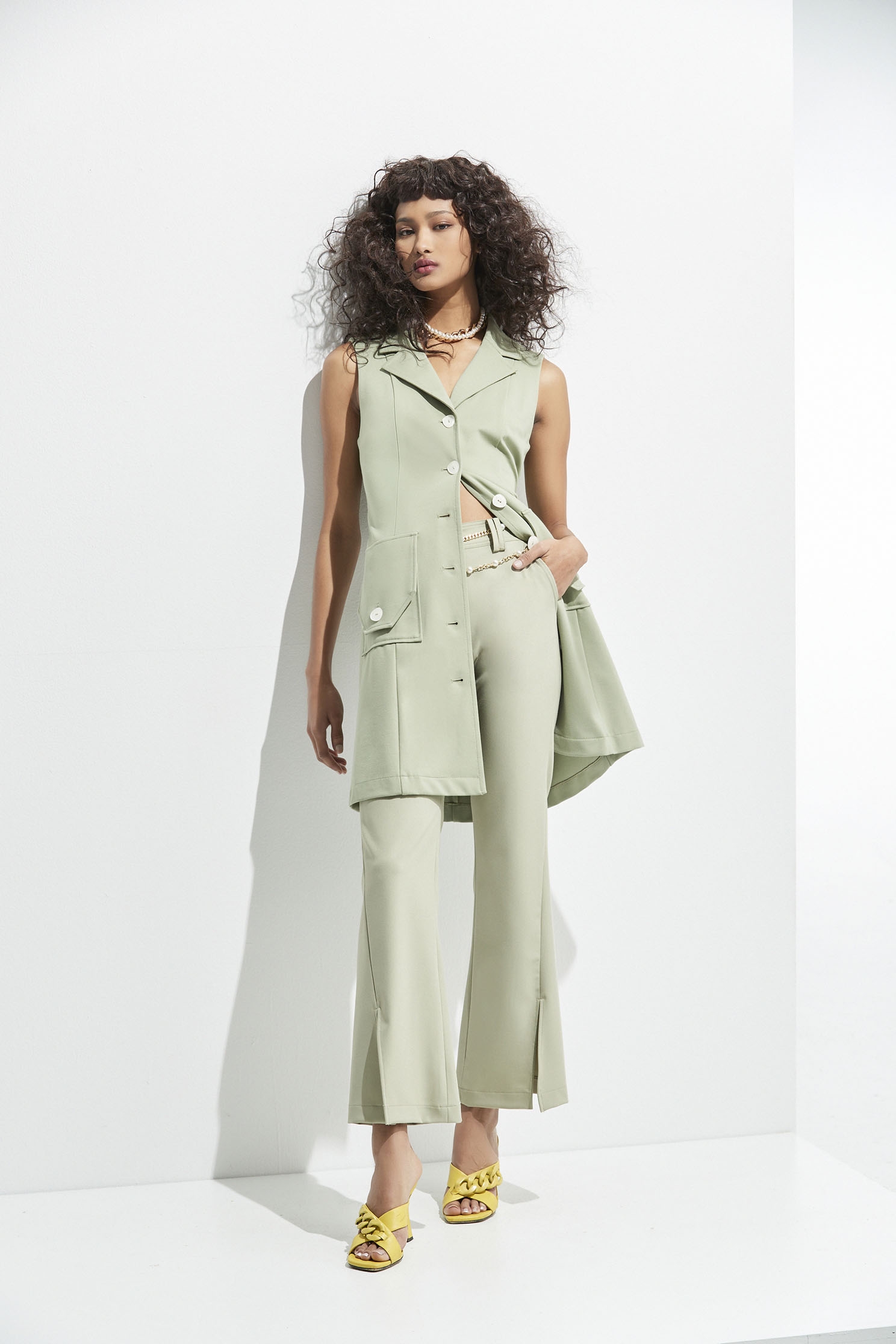 Green Belted Long VestClassic trench coat-style dress,Season (SS) Look,healing colors,sleeveless tops,Trench coats