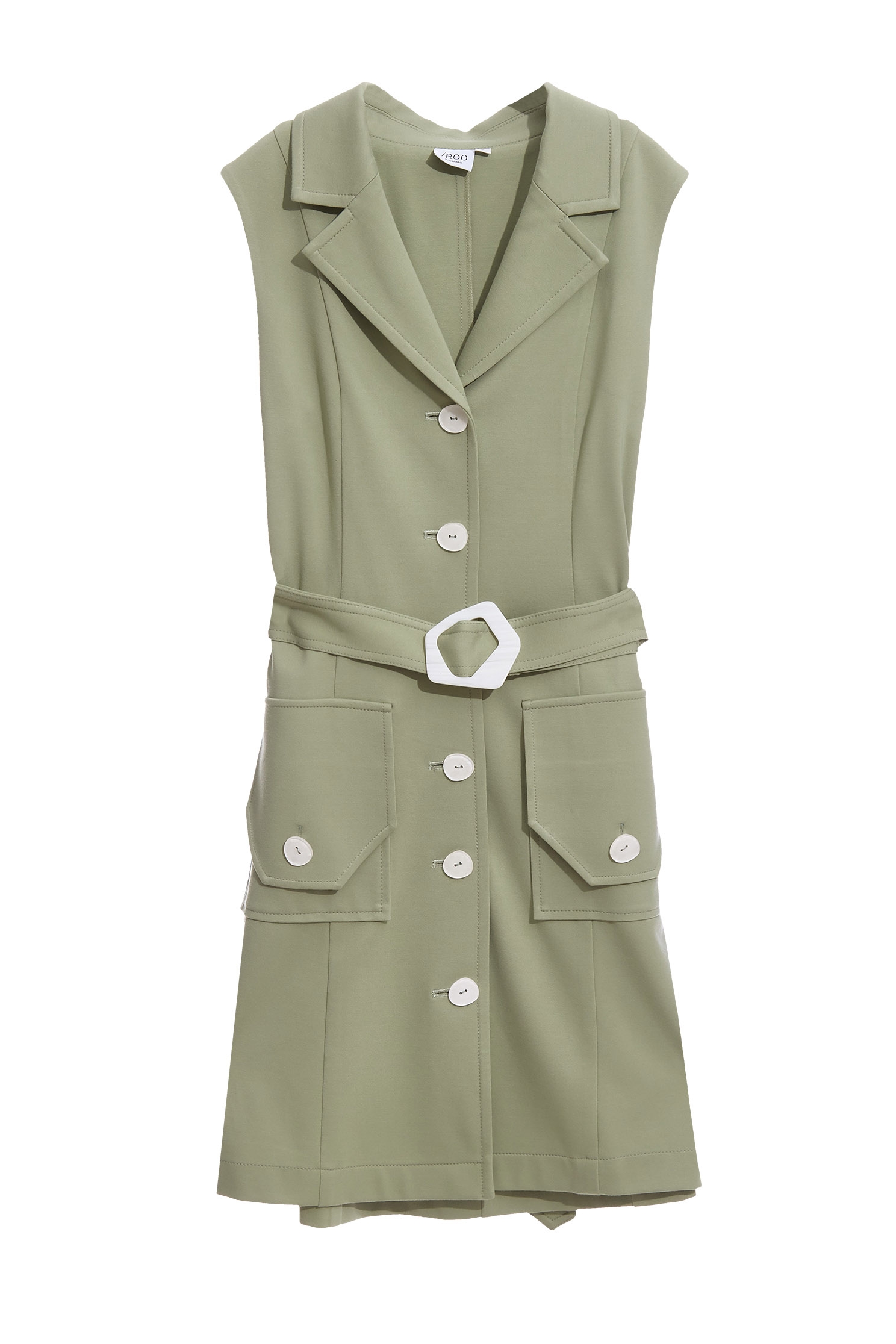 Green Belted Long VestClassic trench coat-style dress,Season (SS) Look,healing colors,sleeveless tops,Trench coats