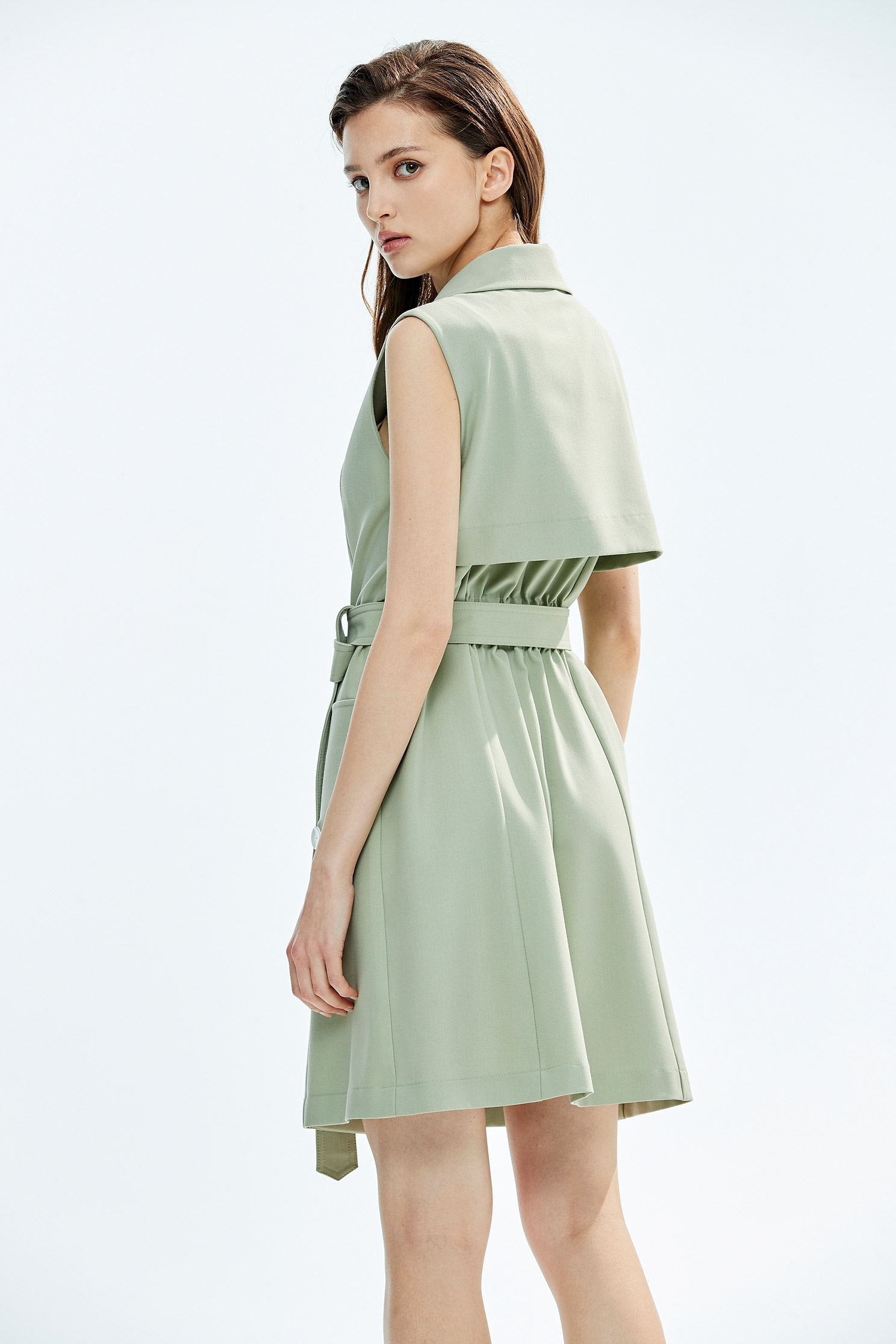 Green Belted Long VestClassic trench coat-style dress,Season (SS) Look,healing colors,sleeveless tops,Trench coats