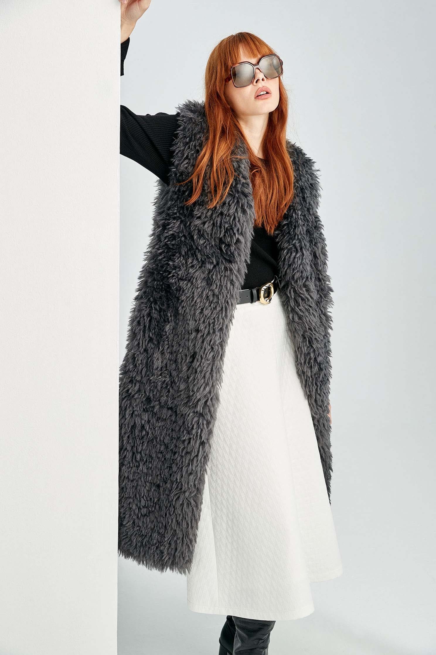 Faux Fur Long Grey VestLimited edition imitate fur vest,sleeveless tops,Outerwear,Season (AW) Look,simple outfits,sleeveless tops