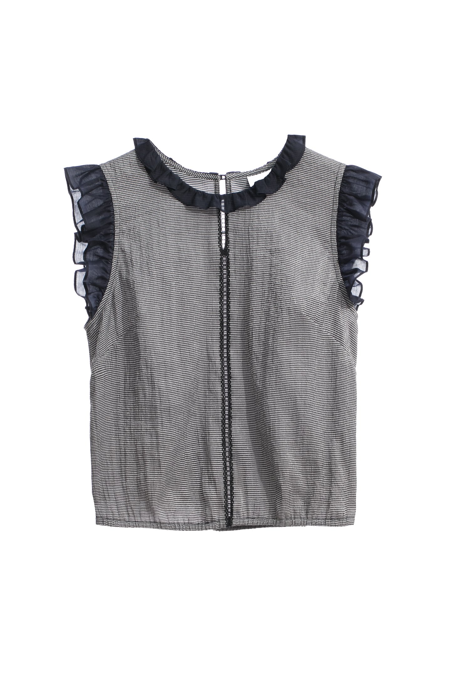 Midnight Blue Ruffle VestMidnight Blue Ruffle Vest,sleeveless tops,Tops,Embroidered,Plaid,sleeveless tops,Season (AW) Look,sleeveless tops