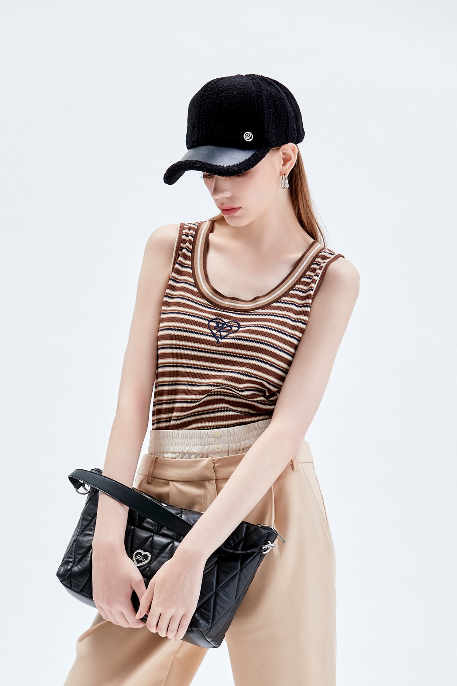 Brown Stripe Tank TopBrown Stripe Tank Top,sleeveless tops,Stripe,Season (AW) Look,Embroidered,sleeveless tops