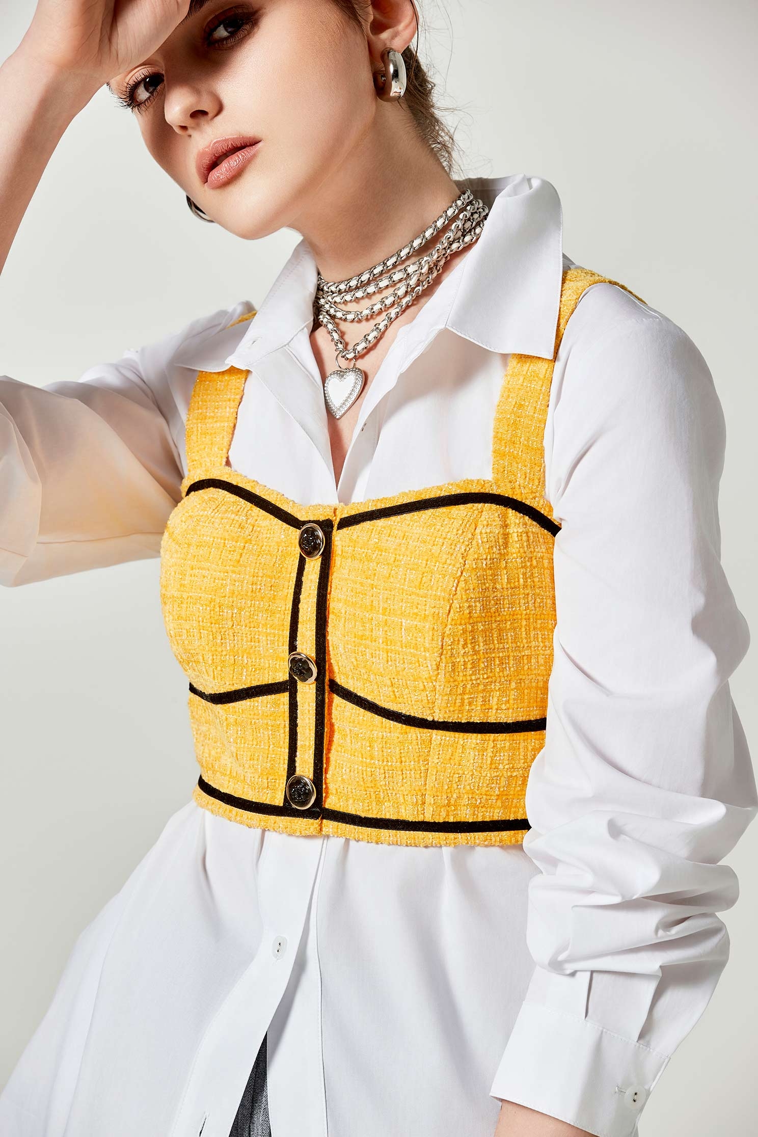 Yellow Crop Tweed Tank Top With Contrast DetailFreesia yellow tweed sleeveless top,Season (SS) Look,sleeveless tops,upperclass