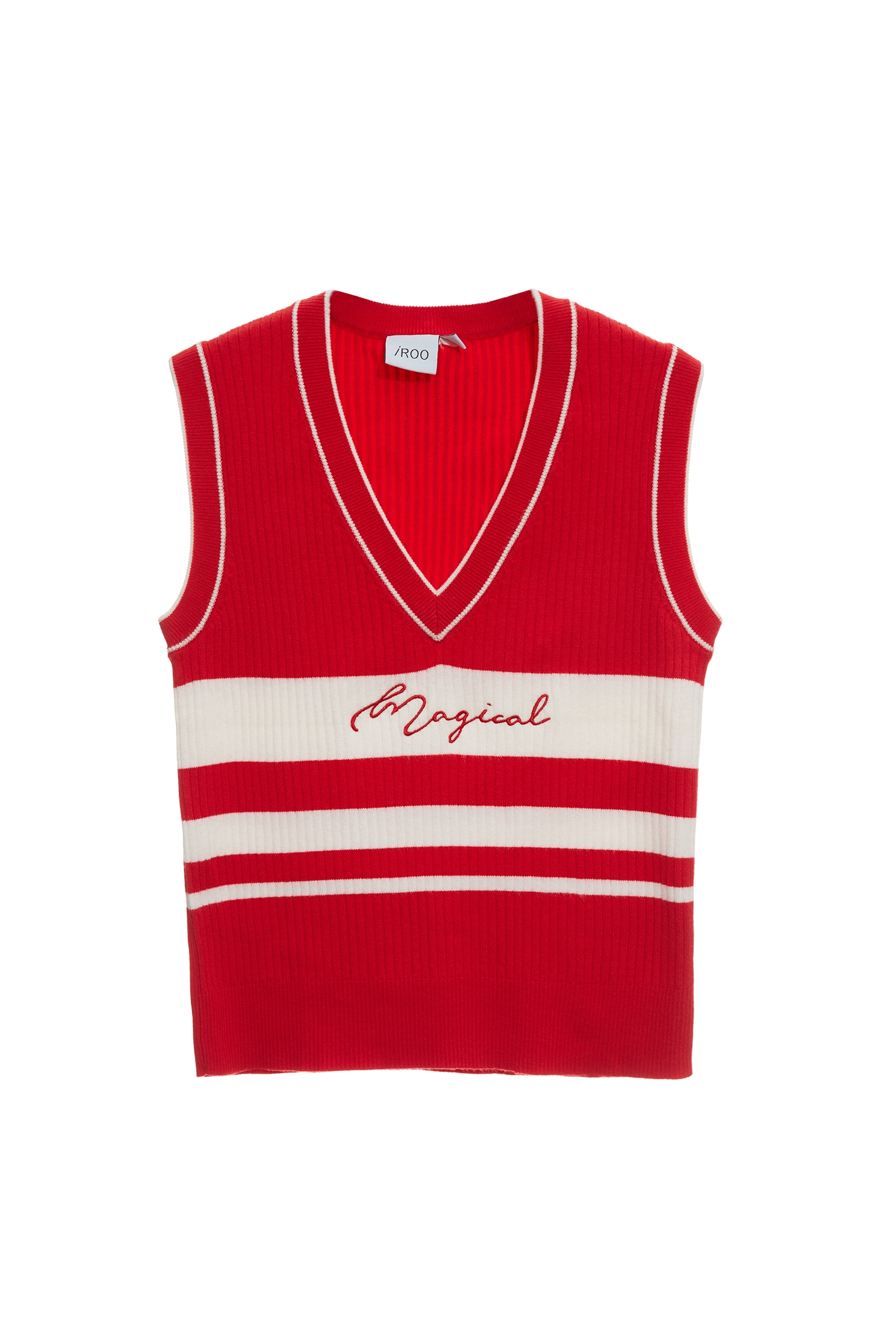 Red Knit Vest With Contrast StripeRed Knit Vest With Contrast Stripe,sleeveless tops,Embroidered,Season (AW) Look,sleeveless tops,Knitted,Knitted tops