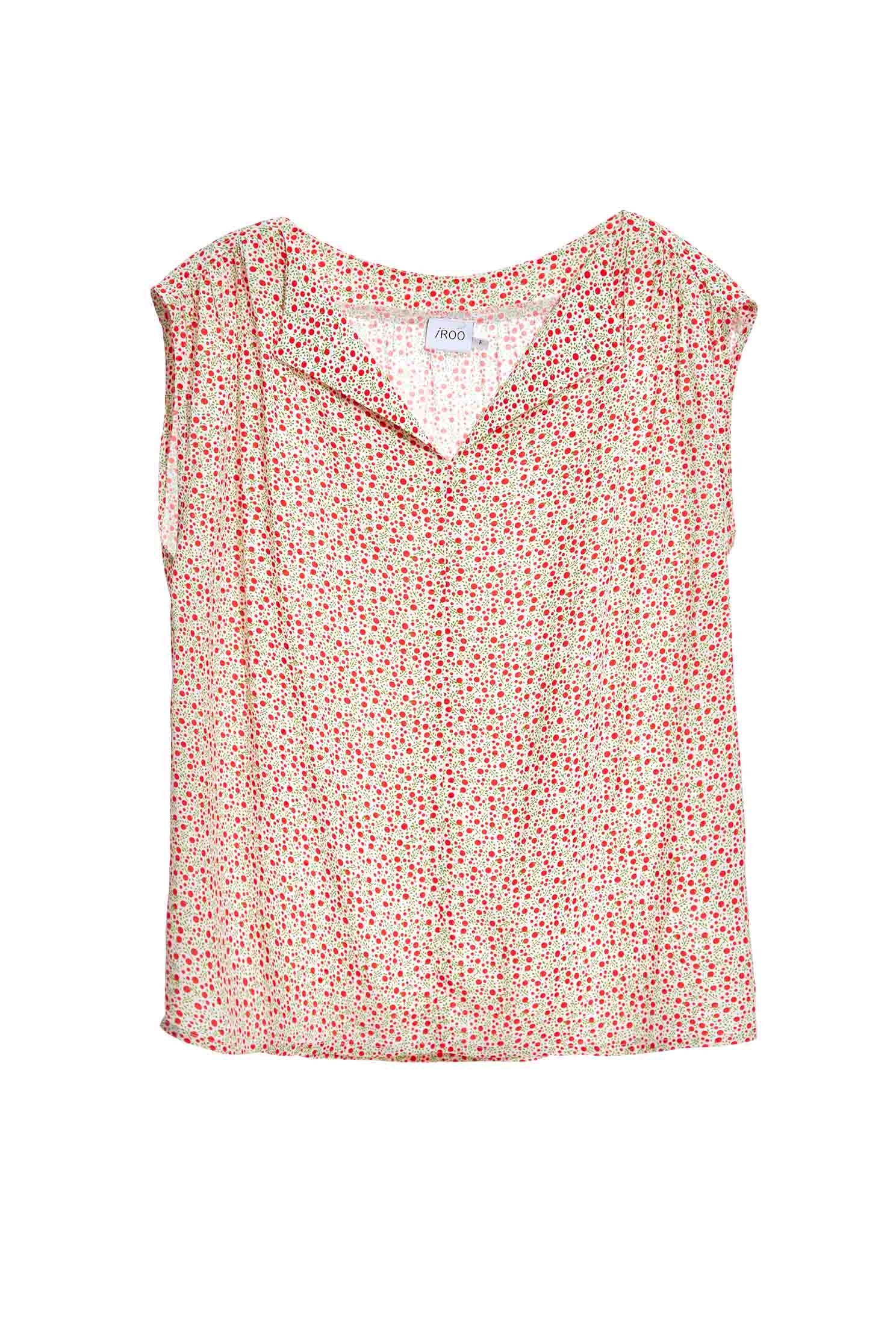 Red Dotted Print Open Collar VestTop with romantic print,V-Neck T shirts,sleeveless tops,Tops,Season (SS) Look,sleeveless tops,Floral,sleeveless tops,blossoms