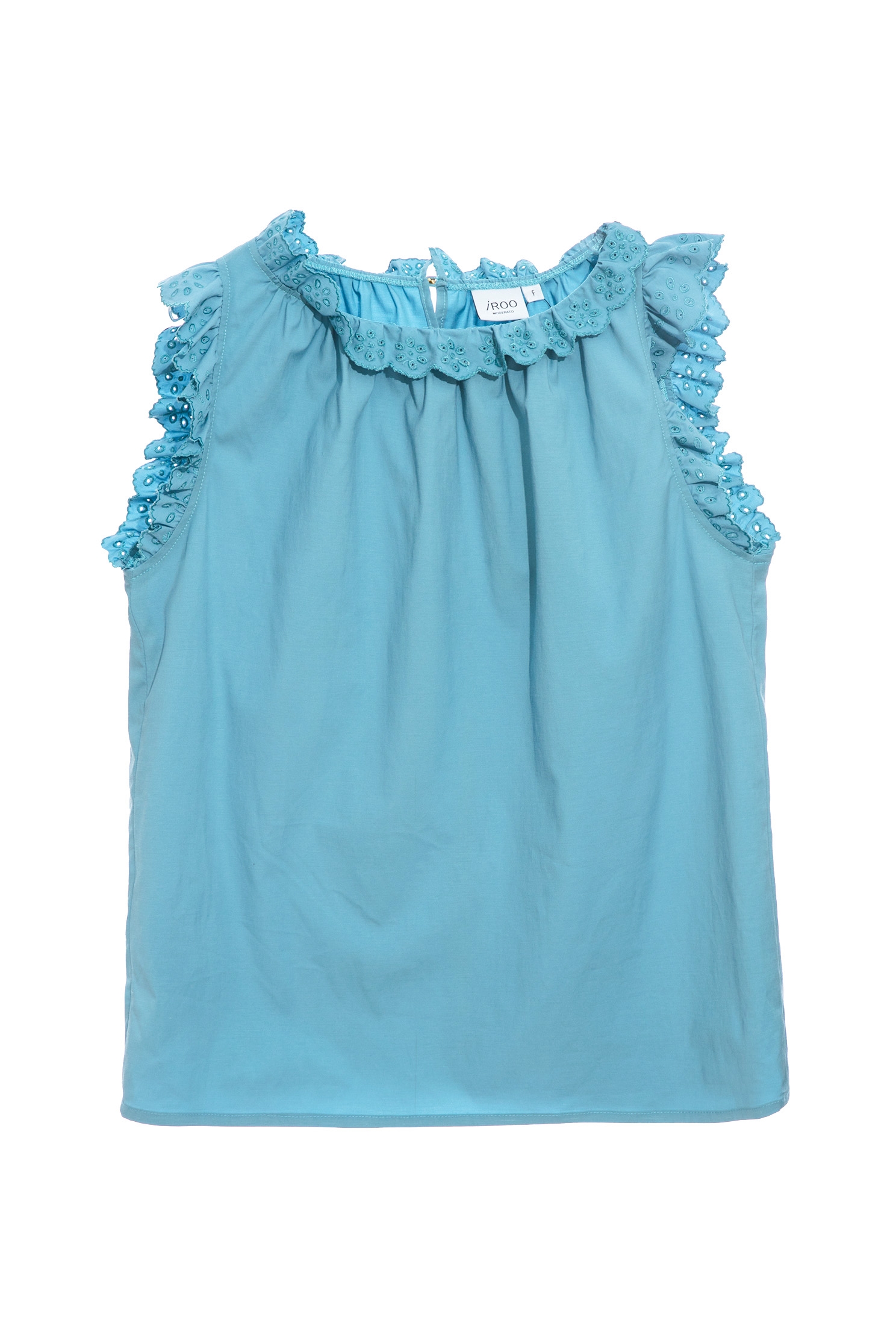 Lace Ruffle Detail Blue VestTop with trimmed cuff,sleeveless tops,Tops,Embroidered,Season (SS) Look,Embroidered tops,sleeveless tops,fashionart