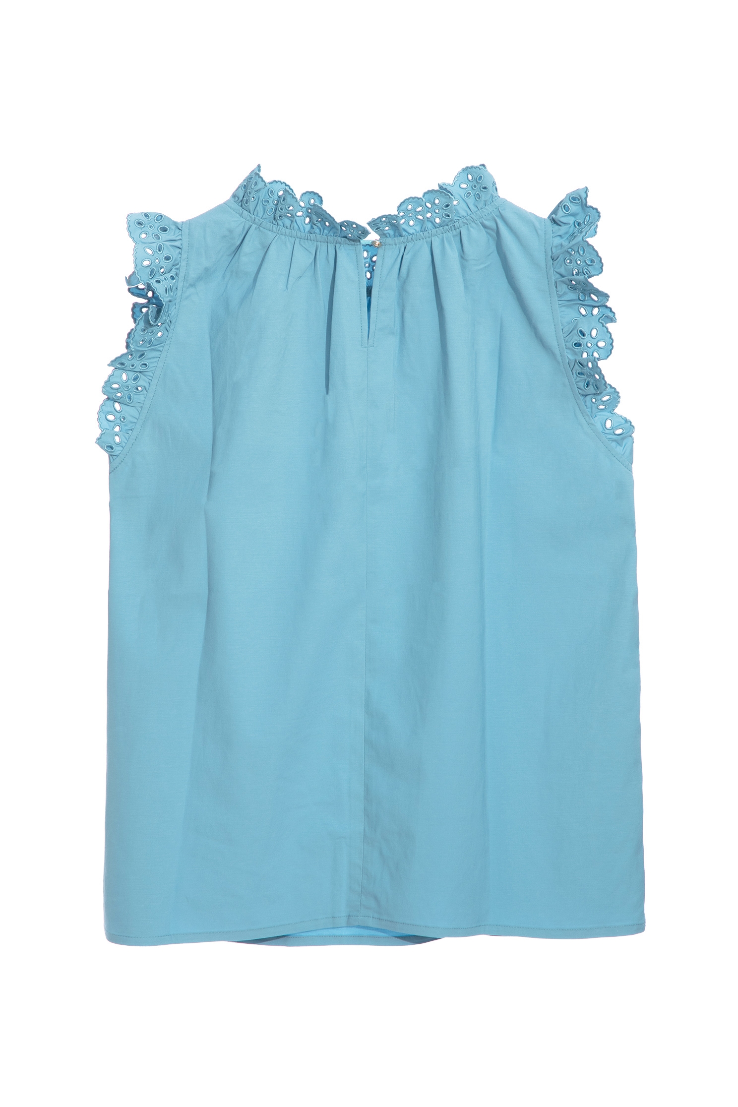 Lace Ruffle Detail Blue VestTop with trimmed cuff,sleeveless tops,Tops,Embroidered,Season (SS) Look,Embroidered tops,sleeveless tops,fashionart