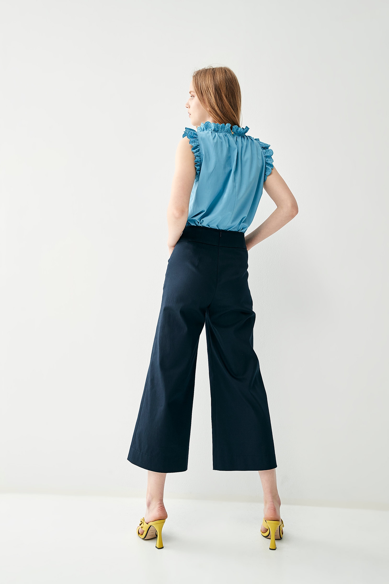 Lace Ruffle Detail Blue VestTop with trimmed cuff,sleeveless tops,Tops,Embroidered,Season (SS) Look,Embroidered tops,sleeveless tops,fashionart