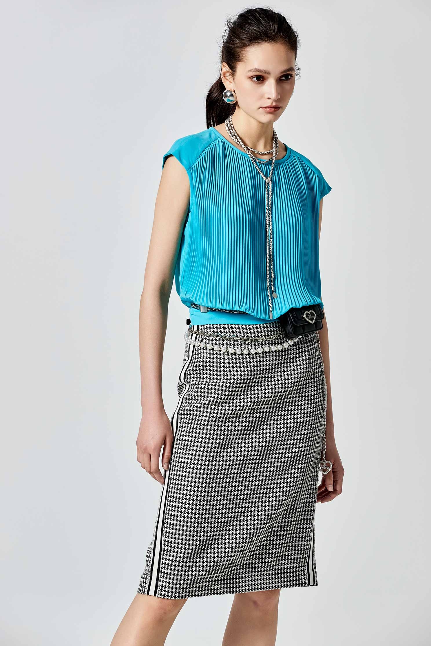 Pleated Blue Cap Sleeve TopTurquoise blue chiffon top,sleeveless tops,Tops,Season (SS) Look,bows,Chiffon,Chiffon tops