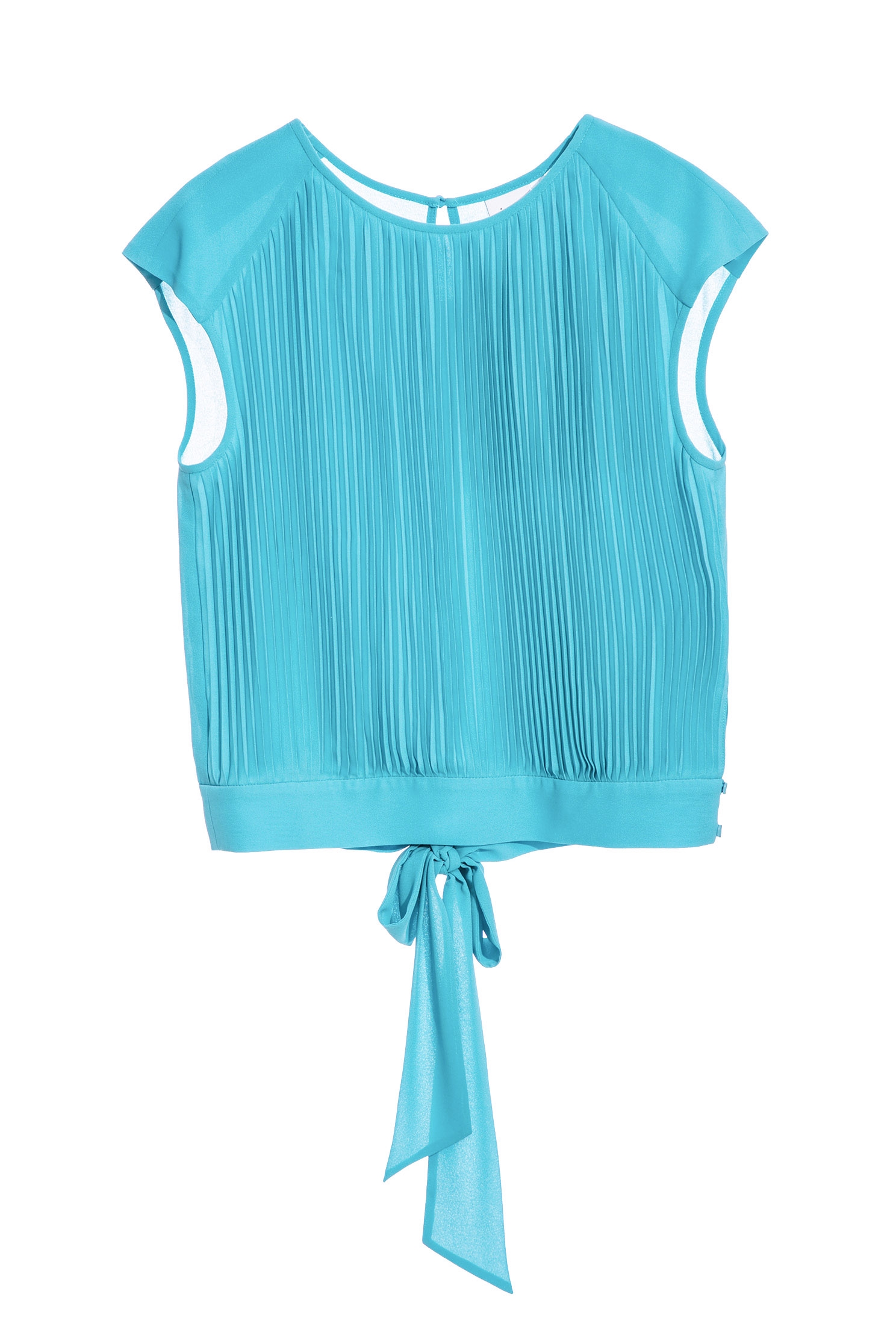 Pleated Blue Cap Sleeve TopTurquoise blue chiffon top,sleeveless tops,Tops,Season (SS) Look,bows,Chiffon,Chiffon tops