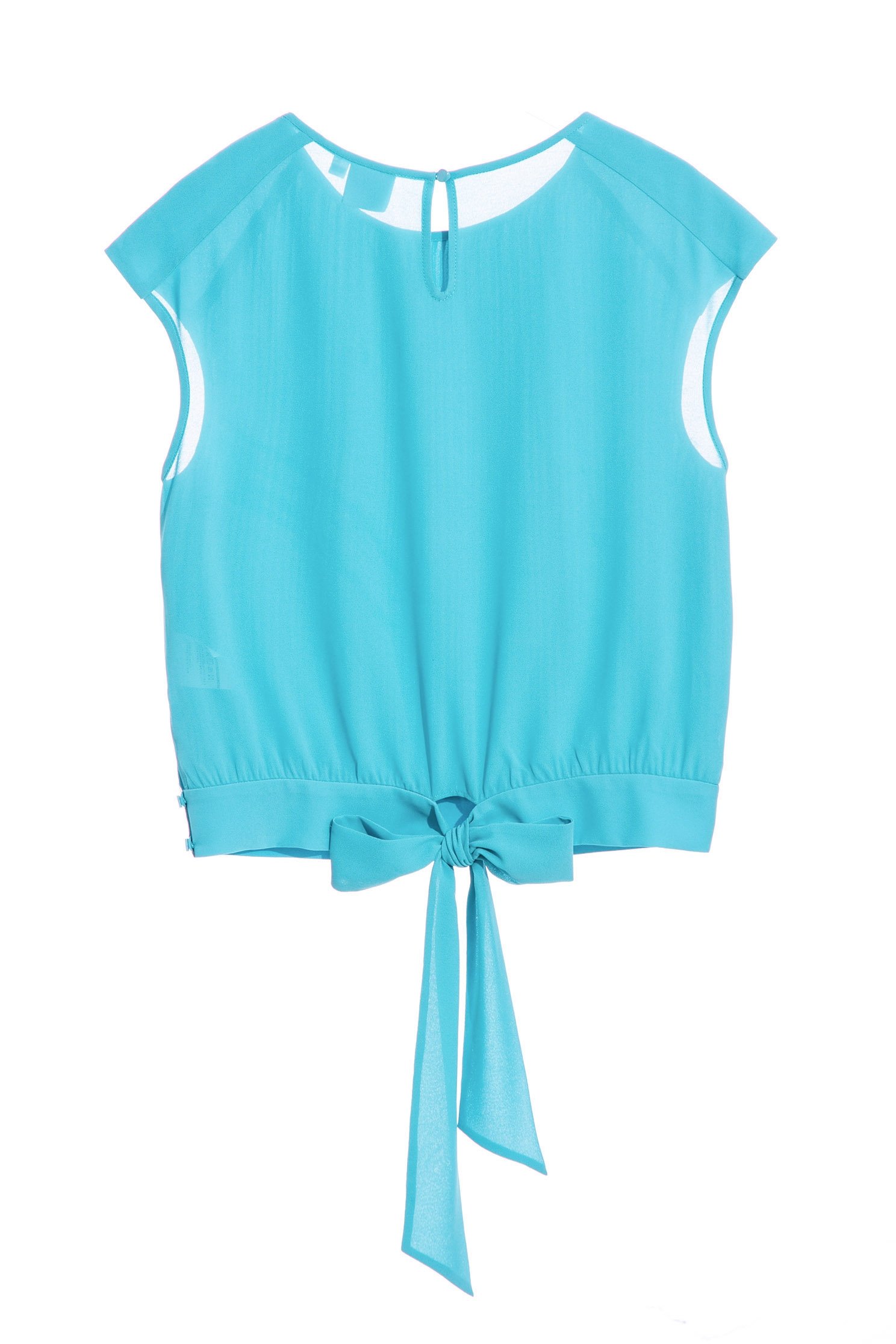 Pleated Blue Cap Sleeve TopTurquoise blue chiffon top,sleeveless tops,Tops,Season (SS) Look,bows,Chiffon,Chiffon tops