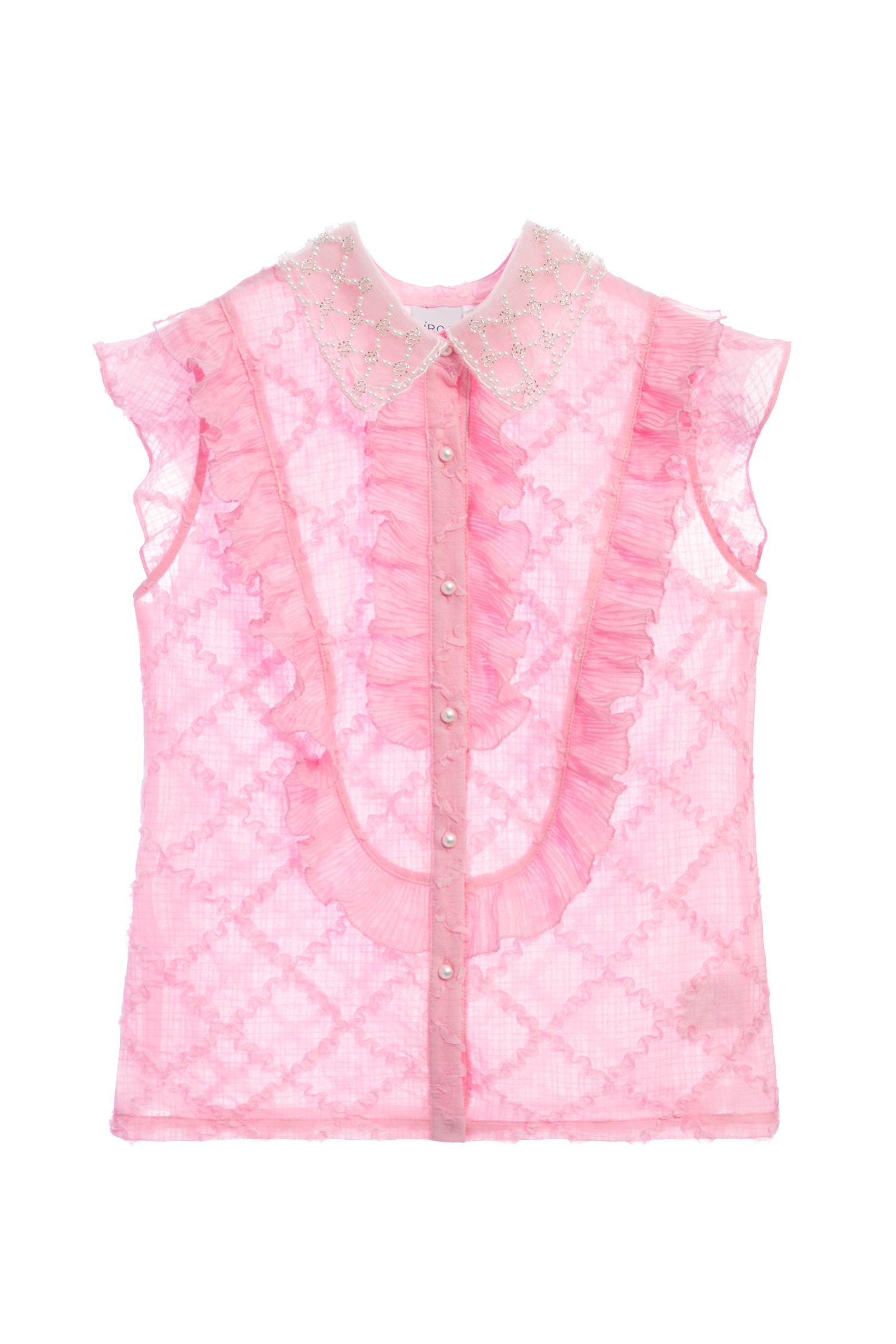 Beaded Collar Pink Vest With Ruffle DetailsBeaded Collar Pink Vest With Ruffle Details,sleeveless tops,Tops,Season (SS) Look,Plaid,pearl