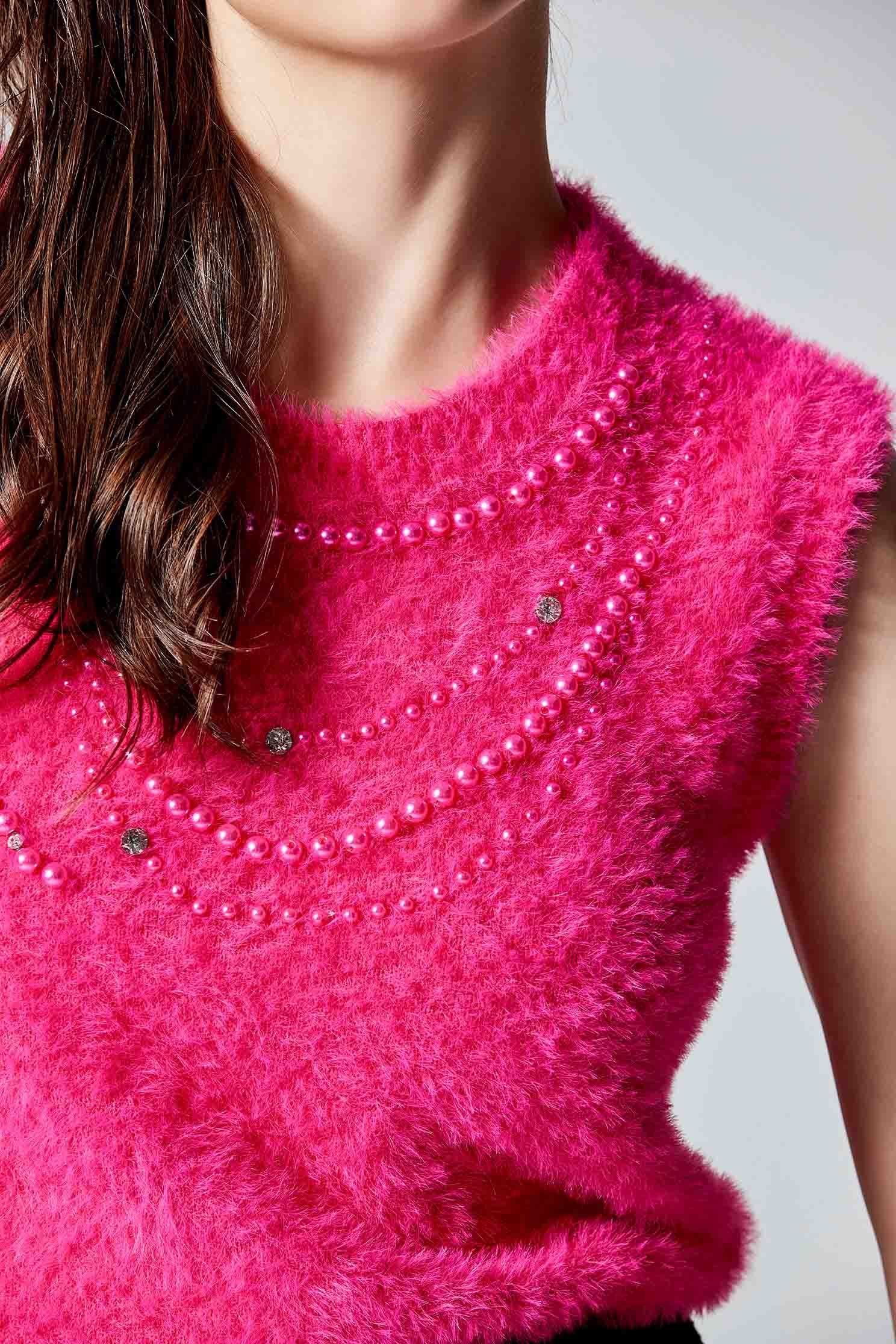 Faux Fur Pink Knit VestFaux Fur Pink Knit Vest,sleeveless tops,Season (SS) Look,pearl,sleeveless tops,Knitted,Knitted tops