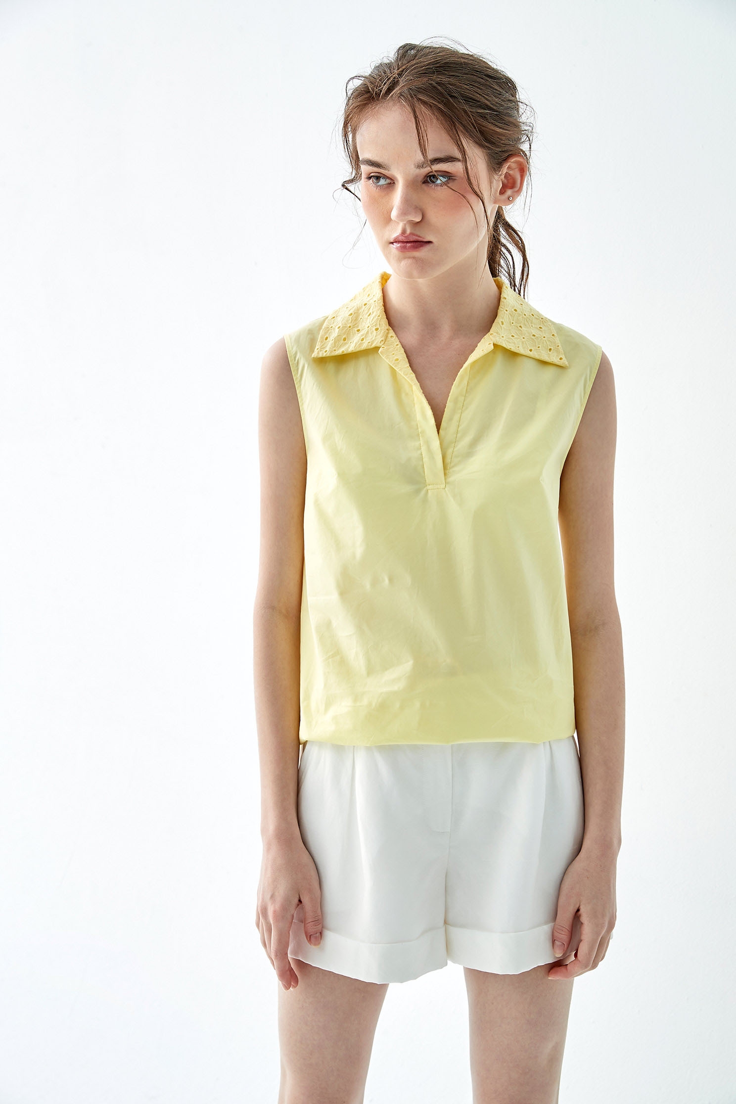 Basic Yellow Vest With Lace CollarSleeveless top with floral embroidered collar,sleeveless tops,Tops,Embroidered,Season (SS) Look,sleeveless tops,sleeveless tops