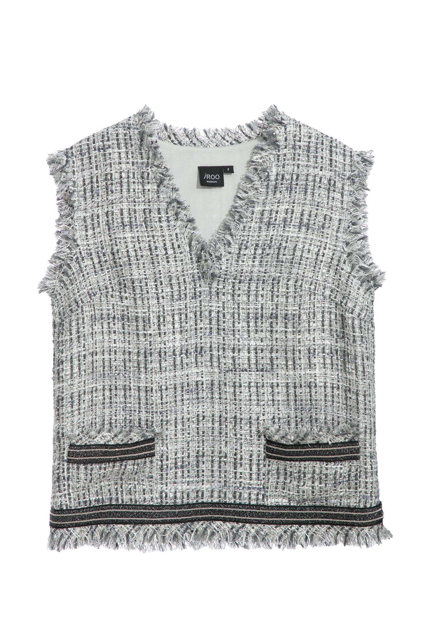 V-Neck Tweed Grey Vest With Contrast Trim DetailTweed sleeveless top with fringed edge,sleeveless tops,Office Looks,Tops,Season (SS) Look,sleeveless tops,simple outfits,Back To Classic,sleeveless tops,upperclass,Back To B/W