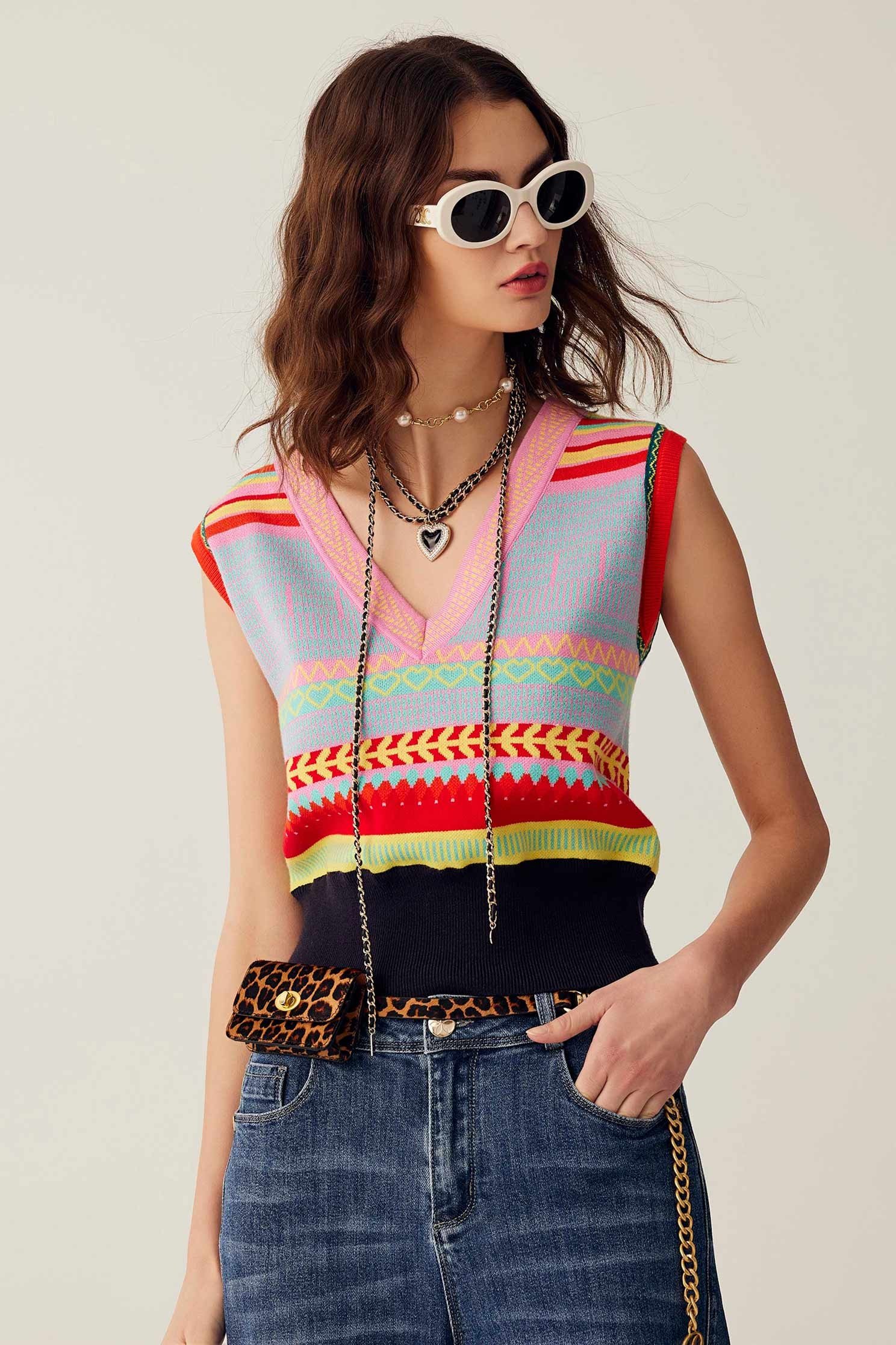 Multi-colour Stripe Knit VestMulti-colour Stripe Knit Vest,sleeveless tops,Season (SS) Look,sleeveless tops,Knitted,Knitted tops