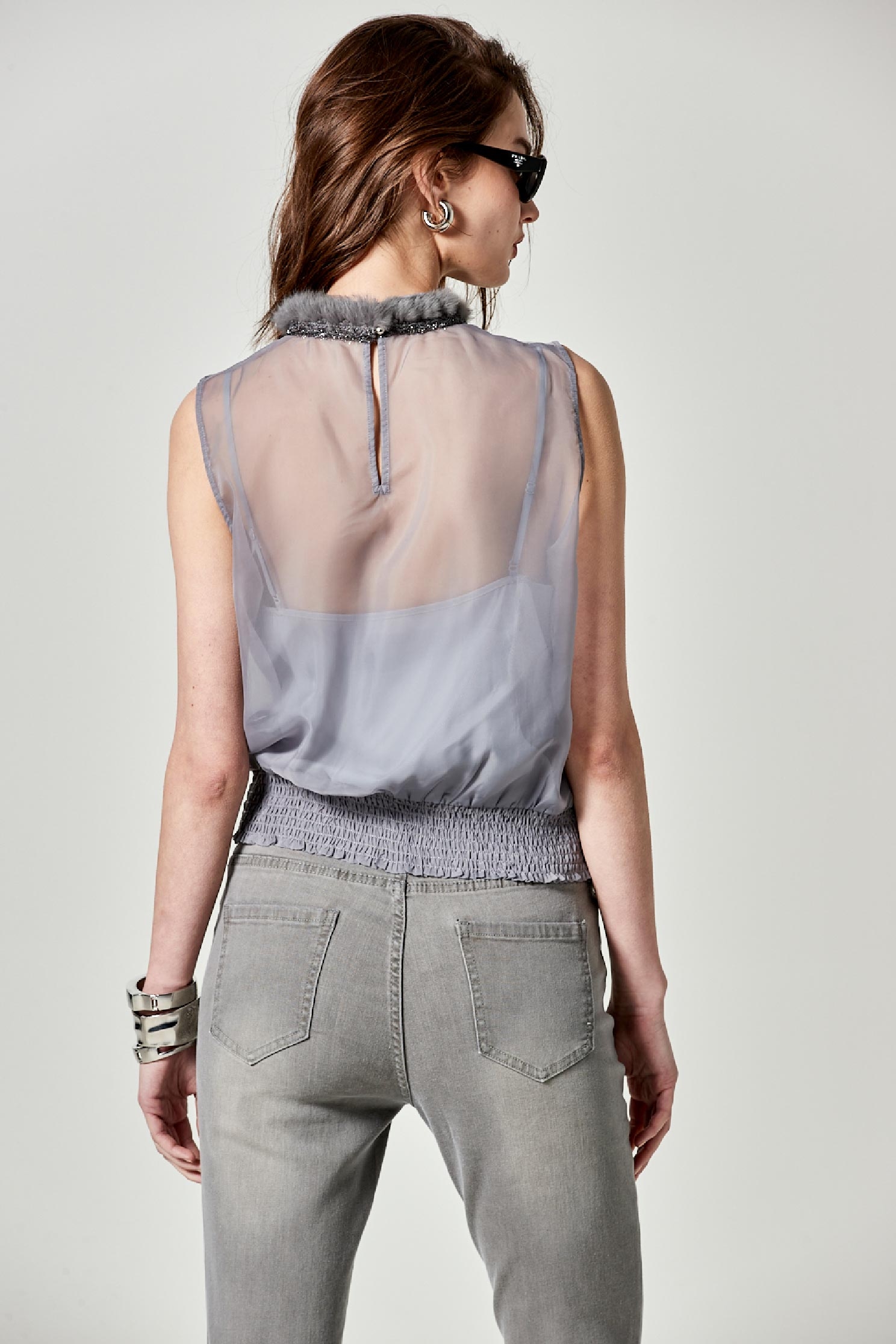 Organza Grey Vest With Faux Fur Collar Trim DetailSleeveless Top with Fancy neckline,sleeveless tops,Tops,Under shirts,Season (SS) Look,sleeveless tops,sleeveless tops