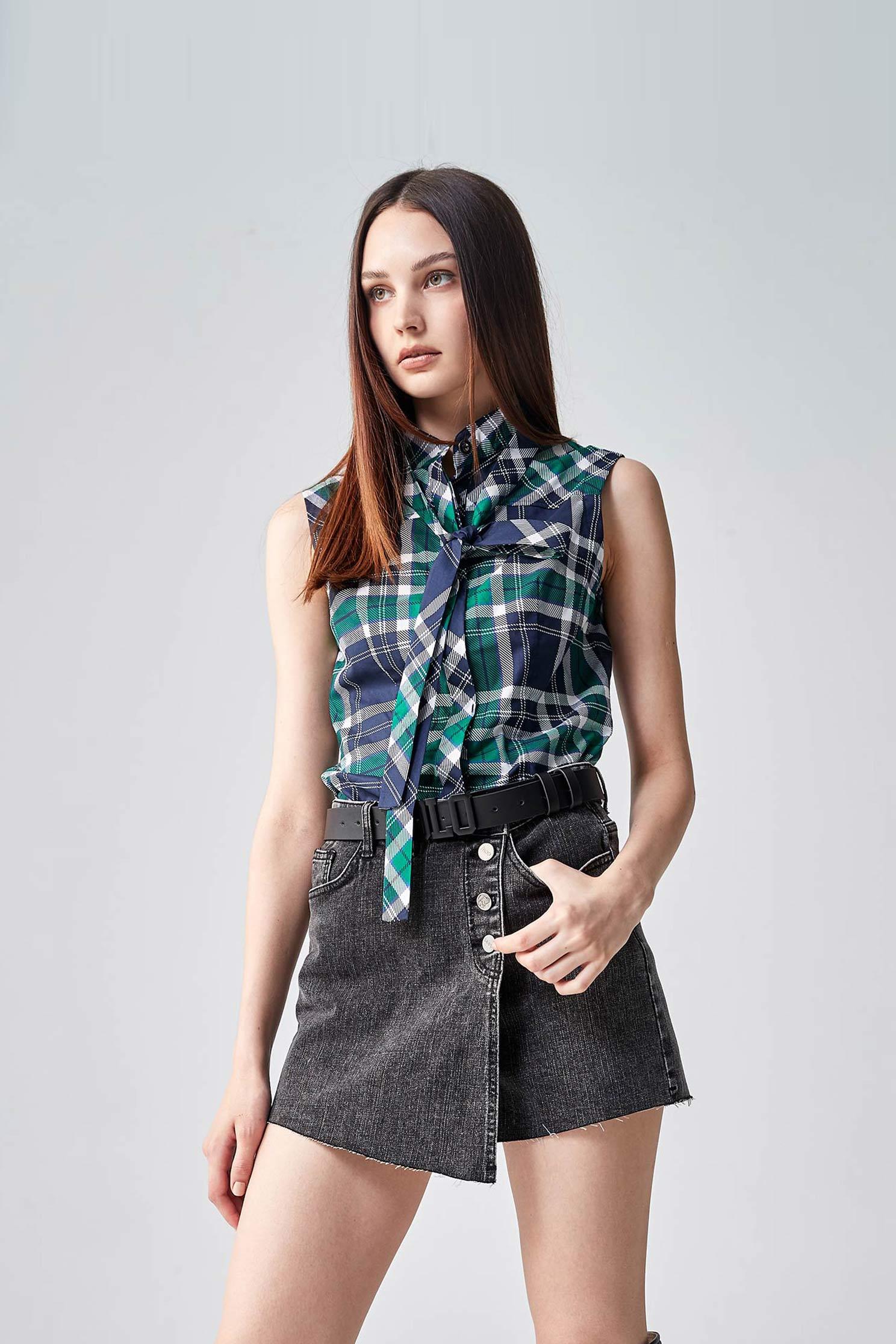 Blue And Green Checker VestCheck print top with tie,sleeveless tops,Tops,goodlucknewyear,Plaid,Season (AW) Look,Blouses