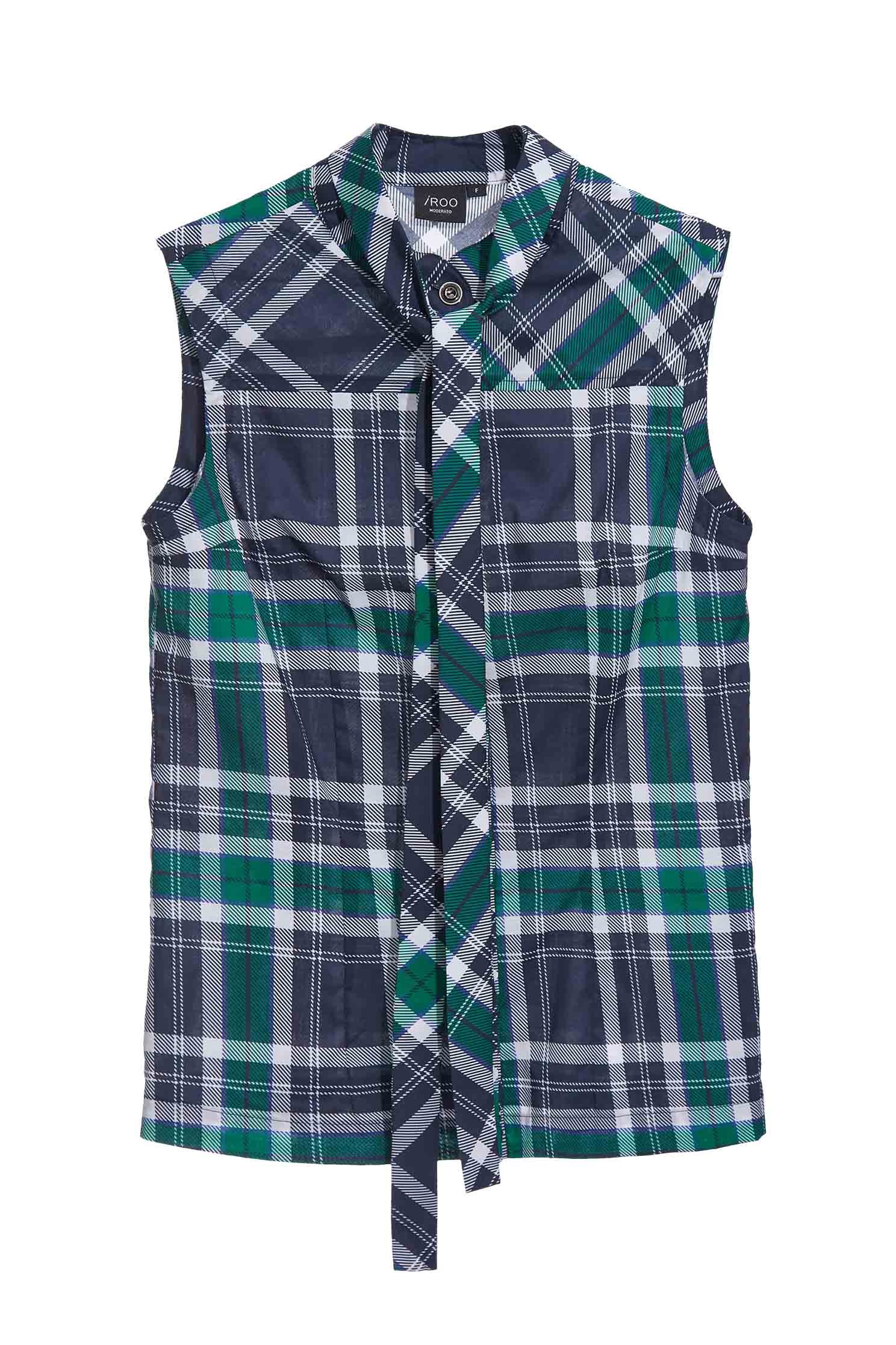 Blue And Green Checker VestCheck print top with tie,sleeveless tops,Tops,goodlucknewyear,Plaid,Season (AW) Look,Blouses