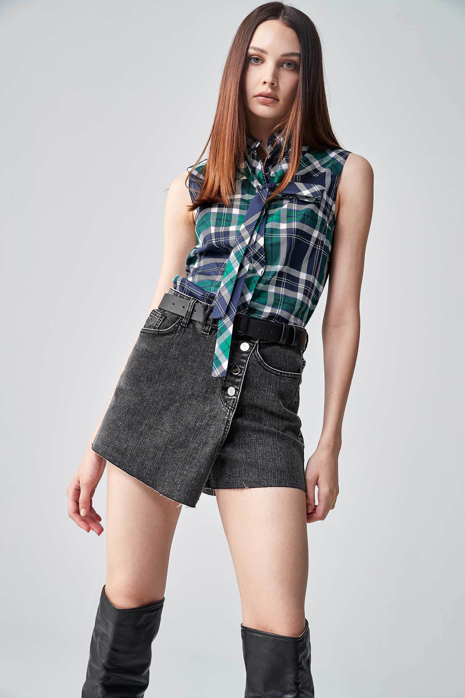 Blue And Green Checker VestCheck print top with tie,sleeveless tops,Tops,goodlucknewyear,Plaid,Season (AW) Look,Blouses