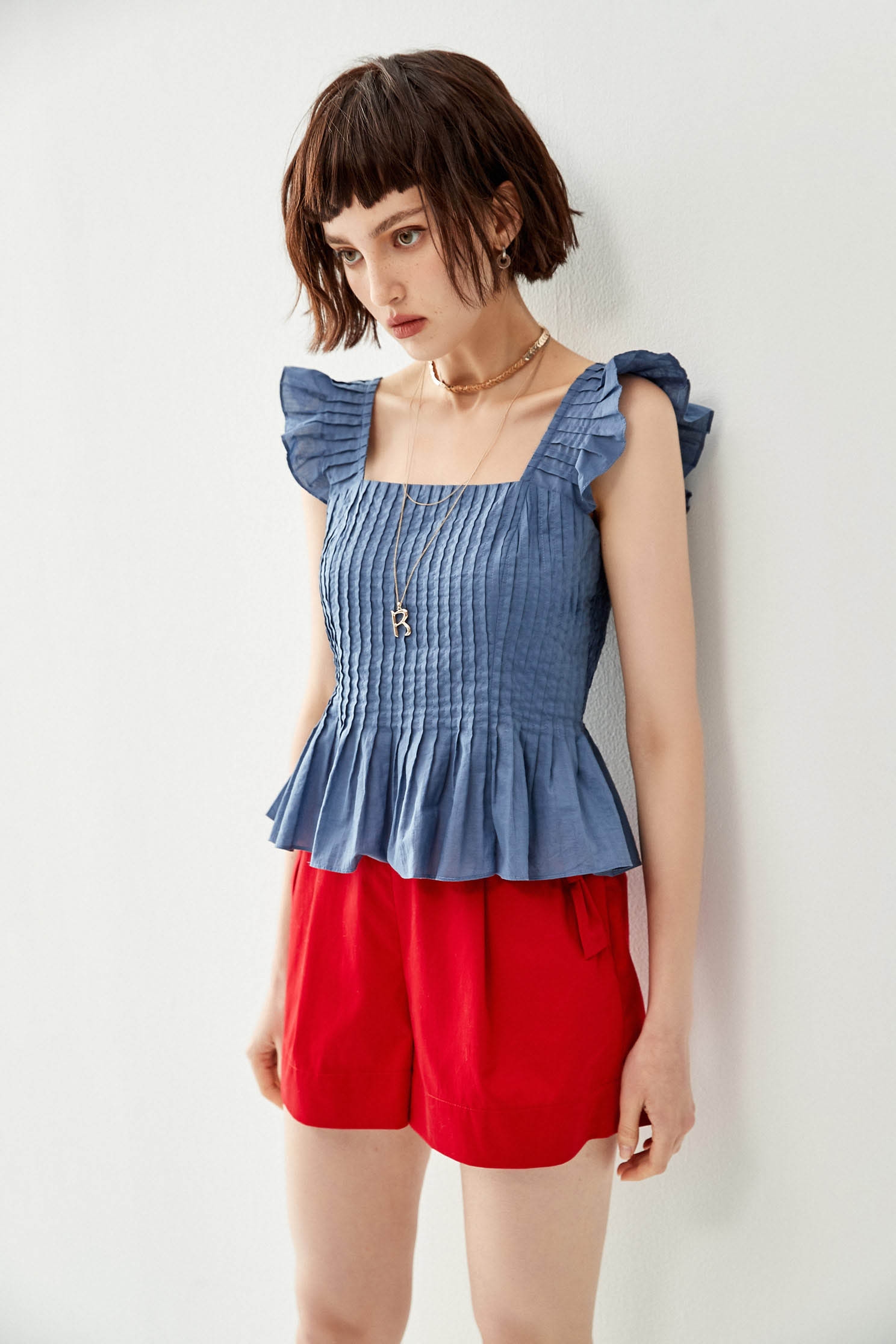 Peplum Square Neck Shirring VestPleated top,sleeveless tops,Tops,Season (SS) Look,sleeveless tops