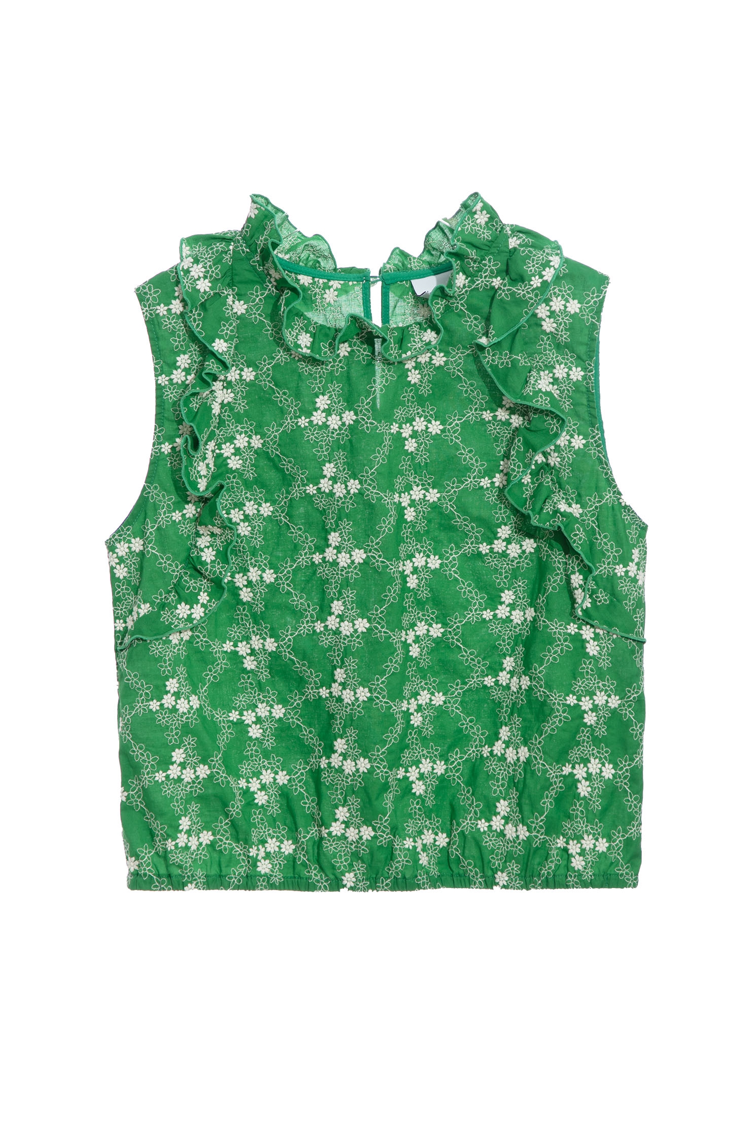 Ruffle Collar Green Vest With Contrast White Floral EmbroideryTop with Gaisang flower embroidery,sleeveless tops,Tops,Embroidered,Season (SS) Look,Embroidered tops,sleeveless tops