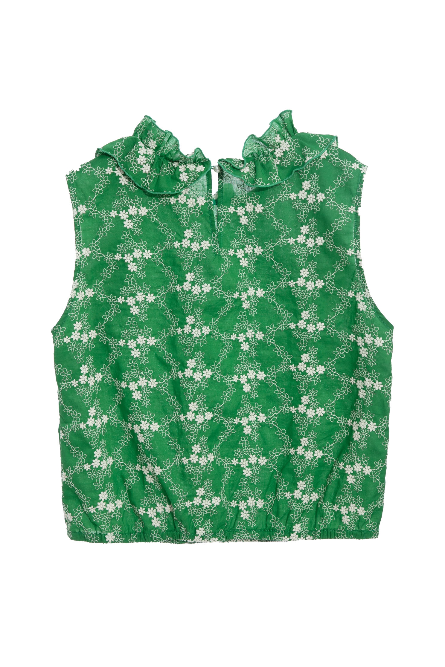 Ruffle Collar Green Vest With Contrast White Floral EmbroideryTop with Gaisang flower embroidery,sleeveless tops,Tops,Embroidered,Season (SS) Look,Embroidered tops,sleeveless tops