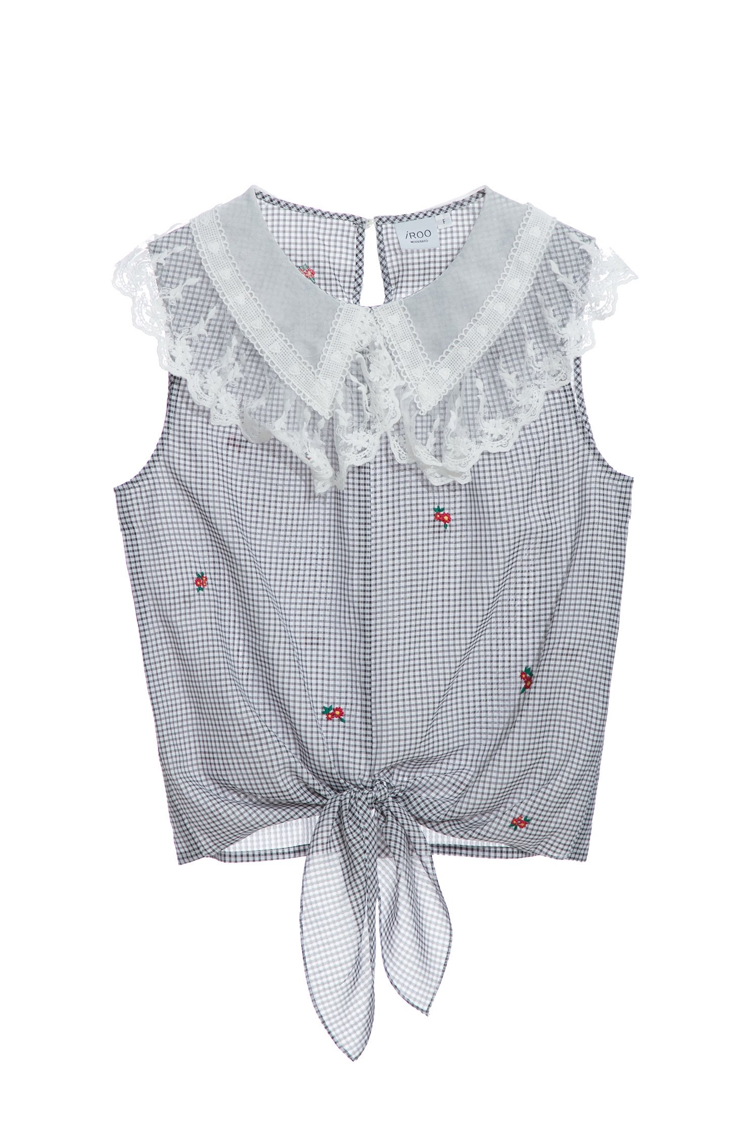 Floral Embroidery Plaid Front Knot VestTop with lantana camara embroidery,sleeveless tops,Tops,Embroidered,Season (SS) Look,Plaid,Embroidered tops,Lace