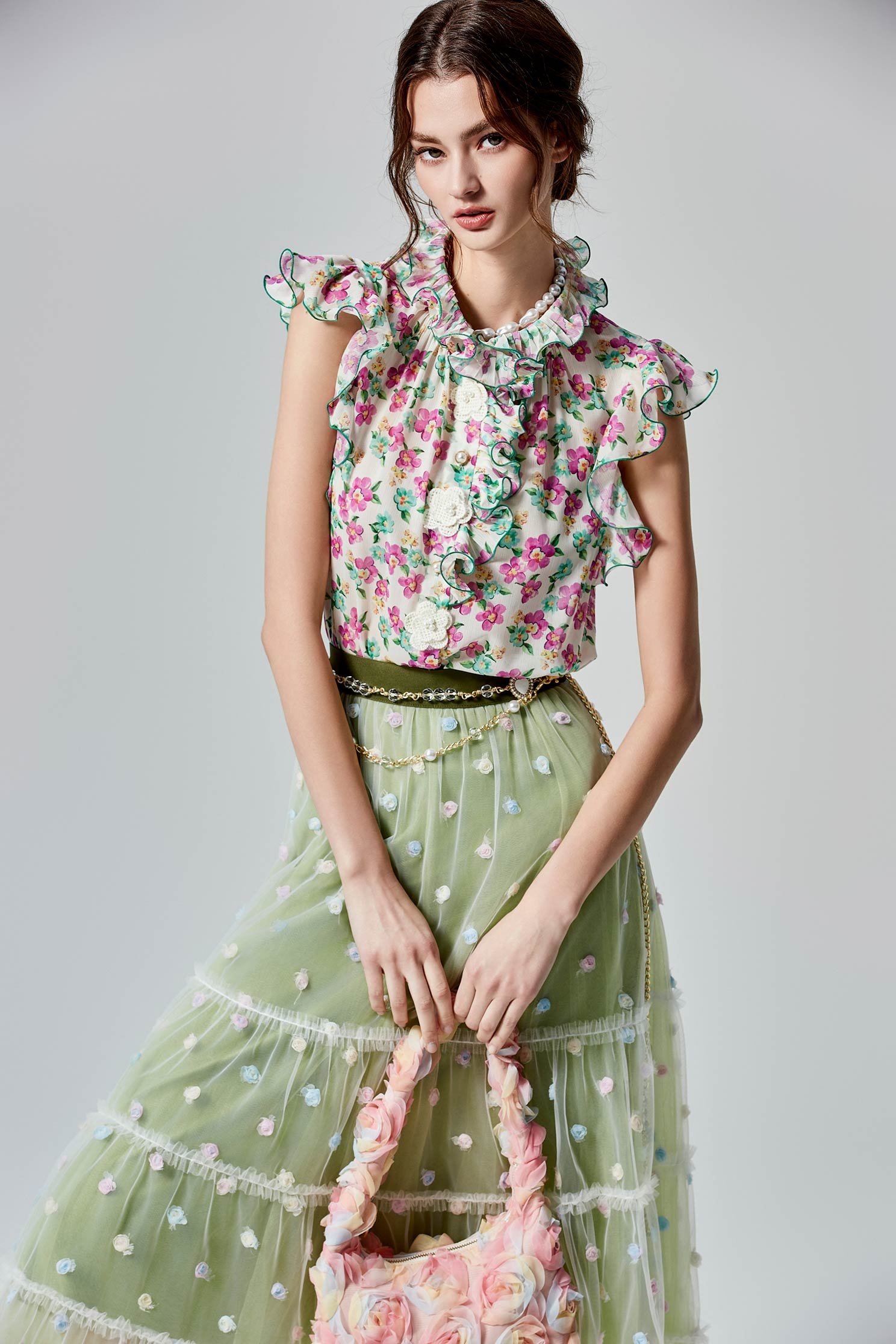 Ruffle Detail Floral Print VestRuffle Detail Floral Print Vest,sleeveless tops,Tops,Season (SS) Look