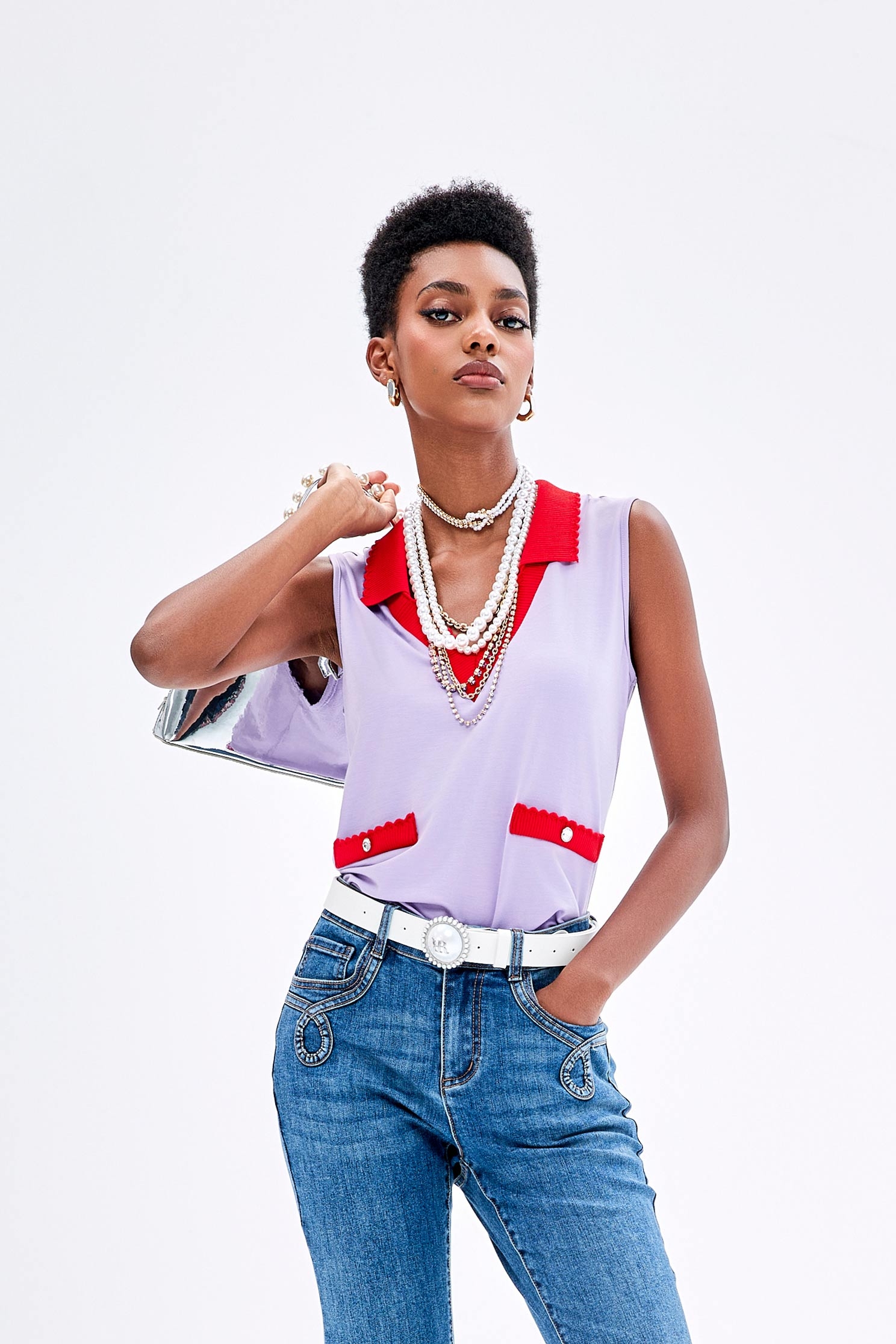 Contrast Red Trim Detail Purple VestContrast Red Trim Detail Purple Vest,V-Neck T shirts,sleeveless tops,Tops,Season (SS) Look,sleeveless tops,sleeveless tops