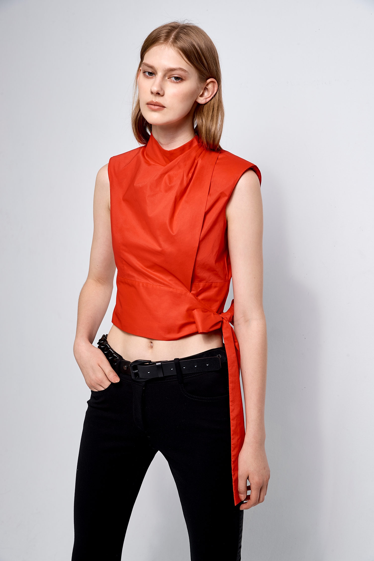 Crop Red Vest With Self Tie Ribbon FasteningCrop Red Vest With Self Tie Ribbon Fastening,sleeveless tops,Tops,Season (AW) Look