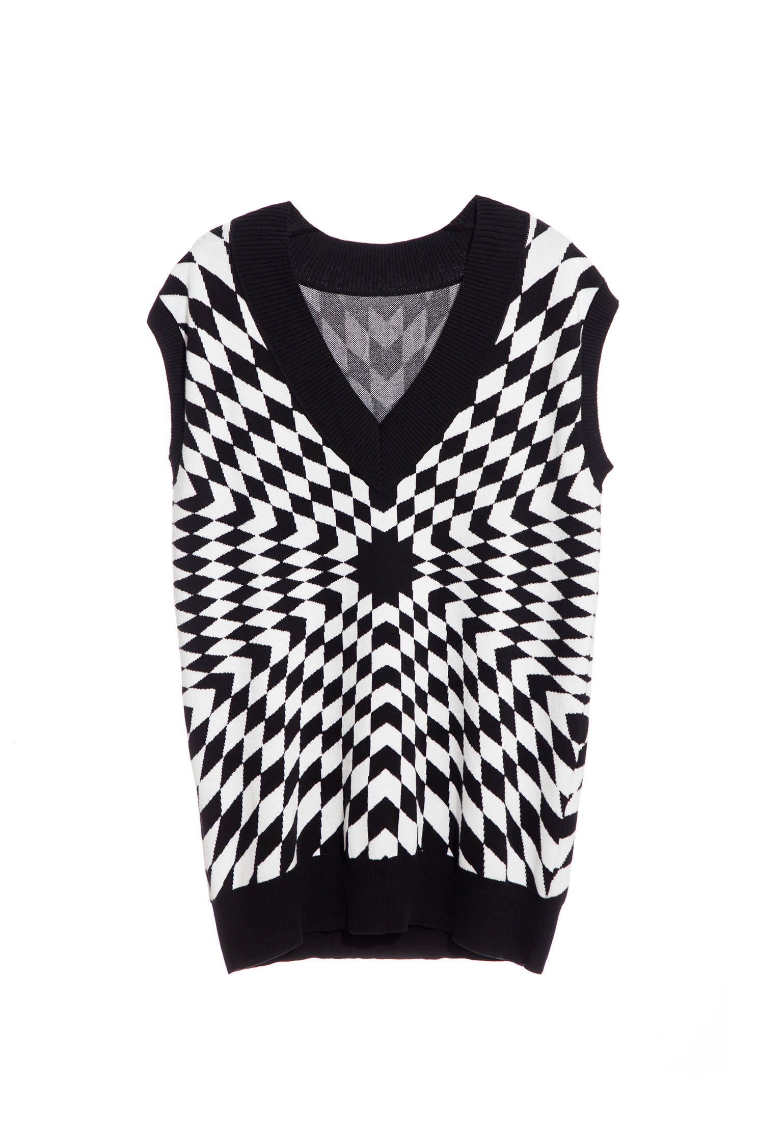 Hypnotic Spiral Pattern Knit VestKnit vest with kaleidoscope gingham check texture,V-Neck T shirts,sleeveless tops,Tops,sleeveless tops,Season (AW) Look,sleeveless tops,Knitted,Knitted tops